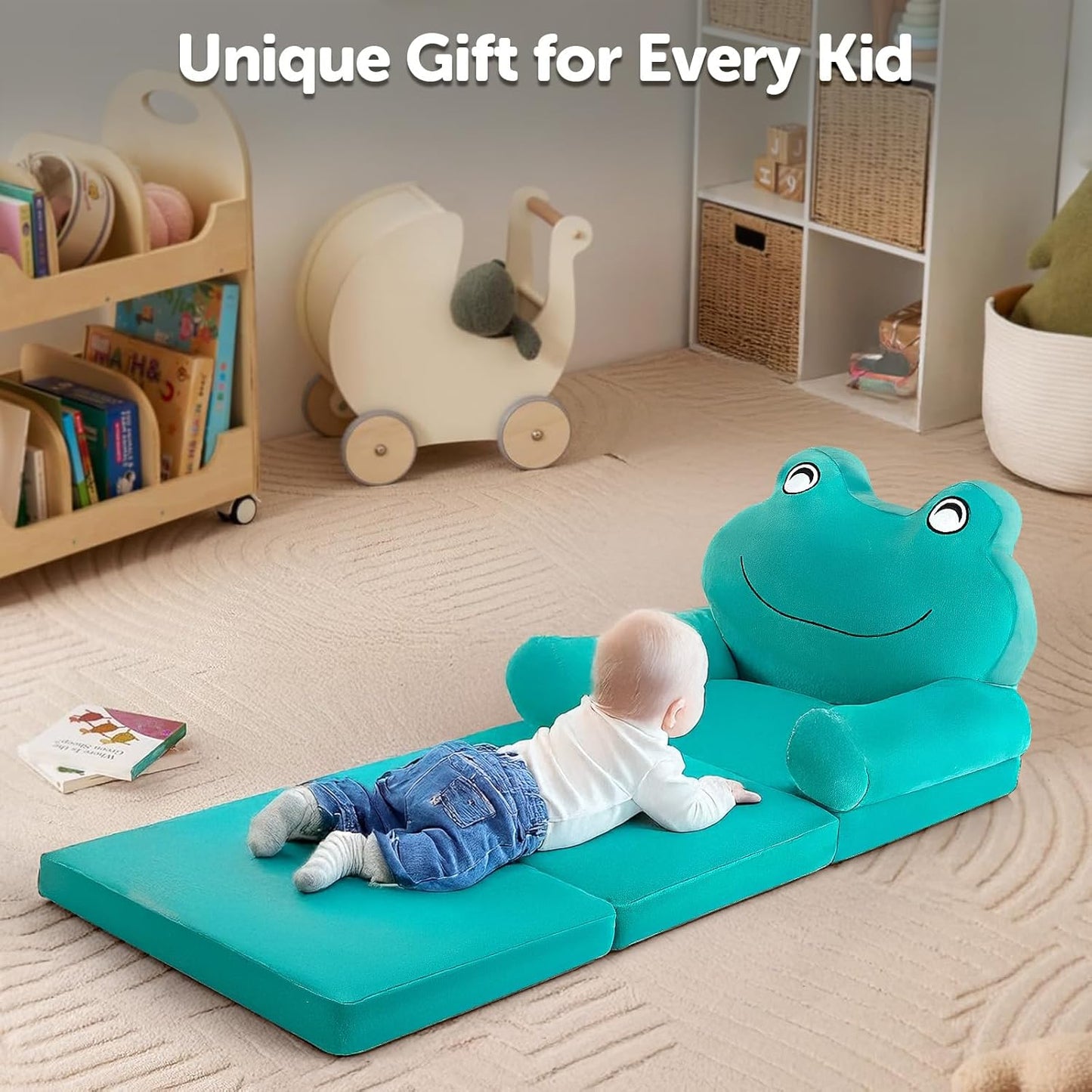 Kids Sofa Comfy, Adorable Animal Toddler Chair, Foldable Kids Couch with Removable Washable Cover, Soft & Breathable Fabric, No Assembly Needed, Foldable Baby Sofa(Green Frog)