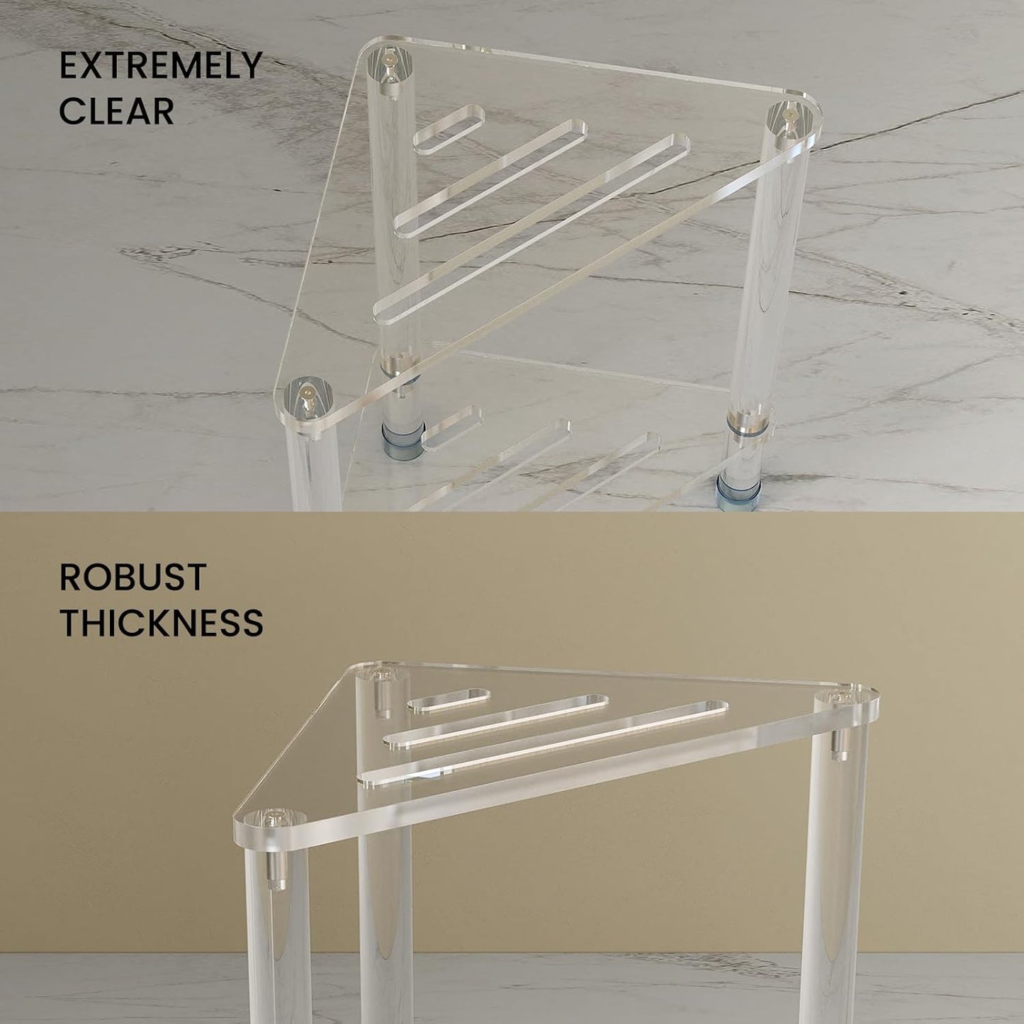 Acrylic Corner Shower Stool for Shaving Legs 11.42" D X 11.42" W X 17.91" H, Triangle Foot Rest With Storage Shelf, Heavy Duty, for Inside Shower