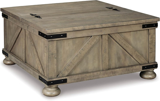 Signature Design by Ashley Aldwin Farmhouse Square Coffee Table with Lift Top for Storage, Grayish Brown