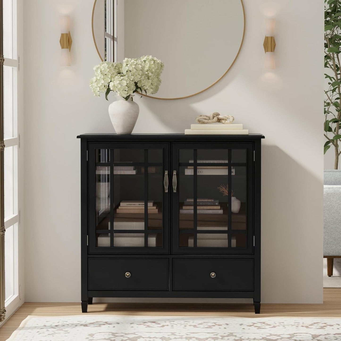 SIMPLIHOME Connaught SOLID WOOD 46 inch Wide Traditional Tall Storage Cabinet in Black for the Living Room, Entryway and Family Room