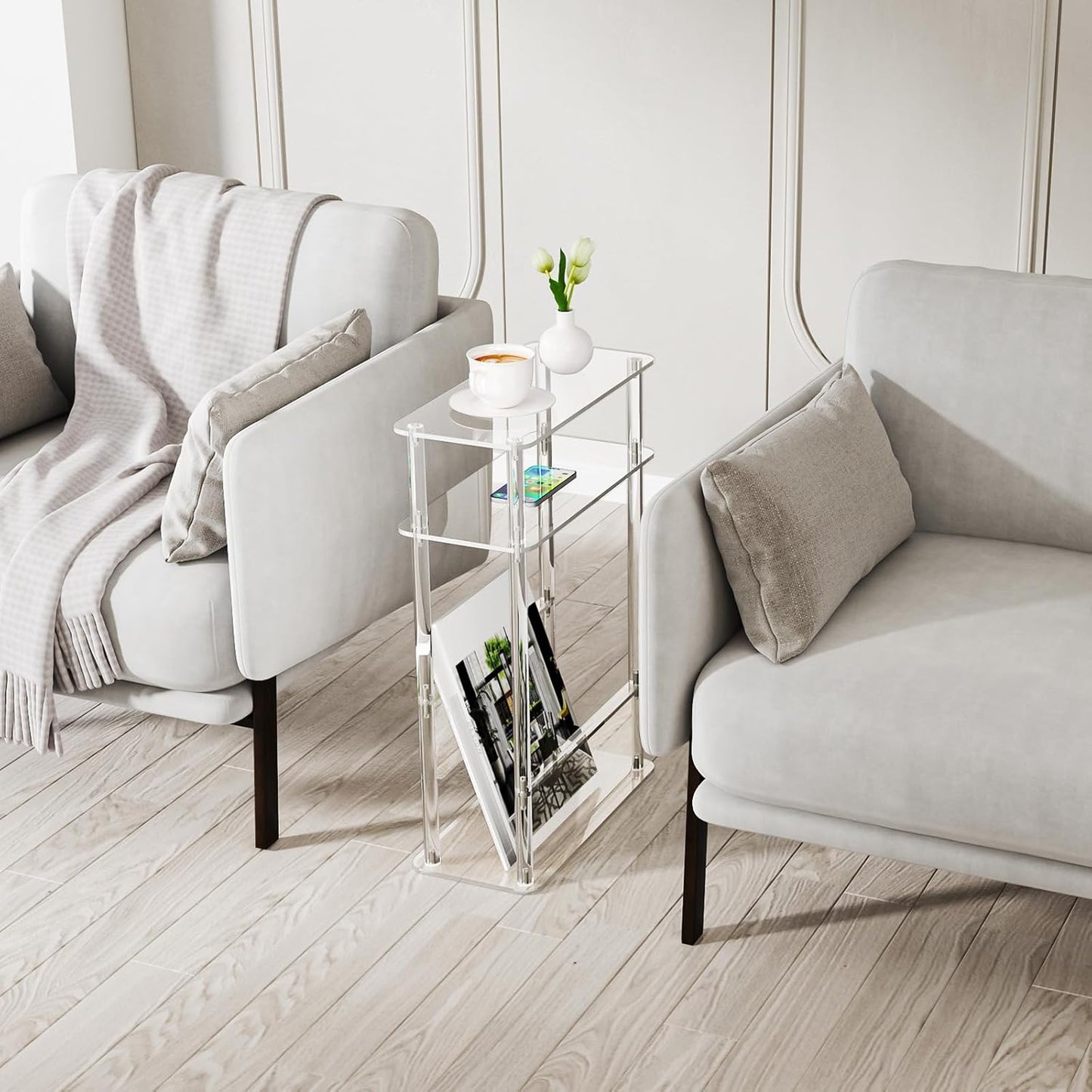 HMYHUM Acrylic Narrow End Table for Small Spaces with Magazine Holder, Slim Side Small Nightstand/Bedside Table for Living Room, Bedroom, 3 Tier, 15.7" L x 7" W x 23" H, Clear