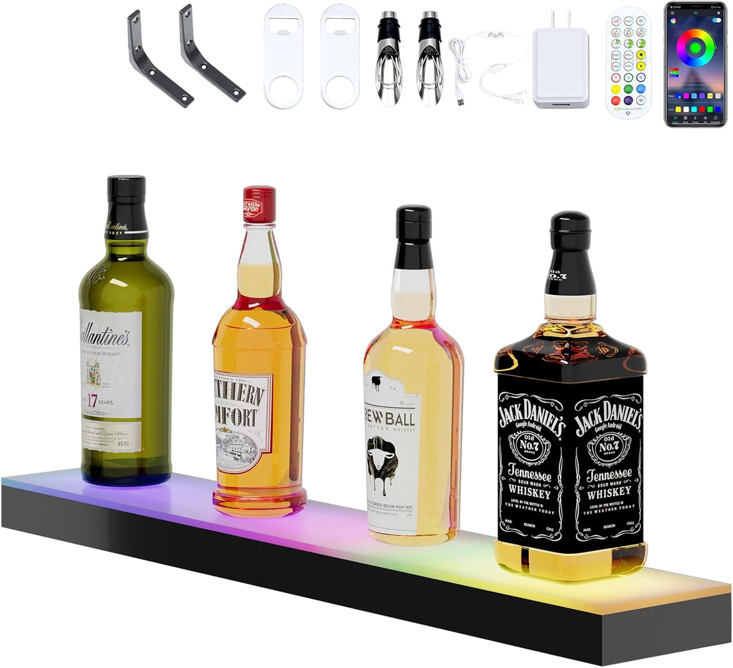 Dethan 1 Tier 24 Inch LED Lighted Liquor Bottle Display Shelf - Wine Racks with Multi-Color App & Wireless Remote Control, Adjustable Brightness & Sound Modes, Acrylic Bar Shelves for Home Bar Display
