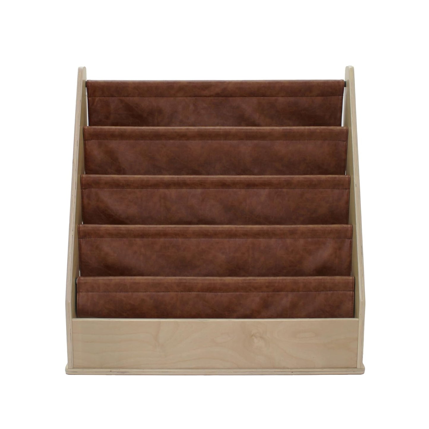 Factory Direct Partners Rustic Kid Birch Sling Book Display; Distressed Faux Leather 4-Shelf Storage for Books or Magazines; Furniture for Bedroom, Playroom, Daycare, Classroom - Hazelnut, 13745-322