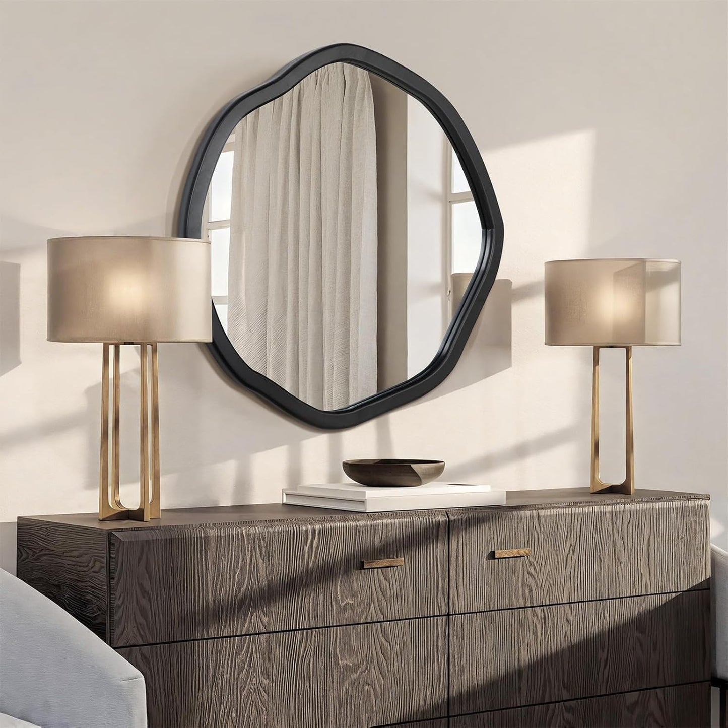 ULIKE Round Wood Mirror 24 Inch Circle Wall Mirror, Asymmetrical Bathroom Vanity Mirror with Wood Frame, Decorative Wall Mounted Mirror for Bedroom, Living Room, Entryway, Black