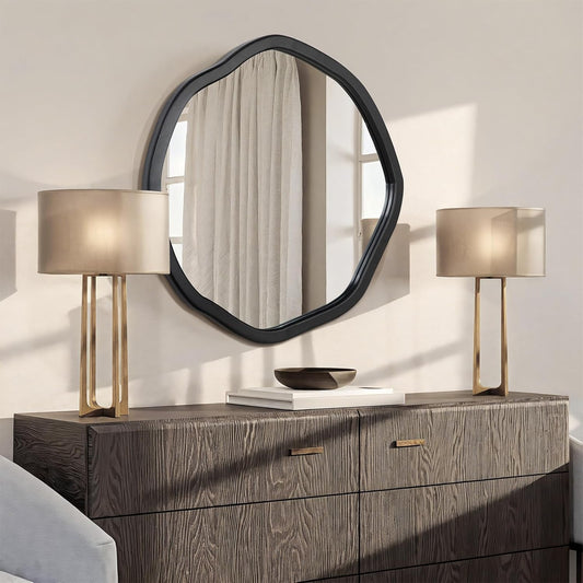 ULIKE Round Wood Mirror 24 Inch Circle Wall Mirror, Asymmetrical Bathroom Vanity Mirror with Wood Frame, Decorative Wall Mounted Mirror for Bedroom, Living Room, Entryway, Black