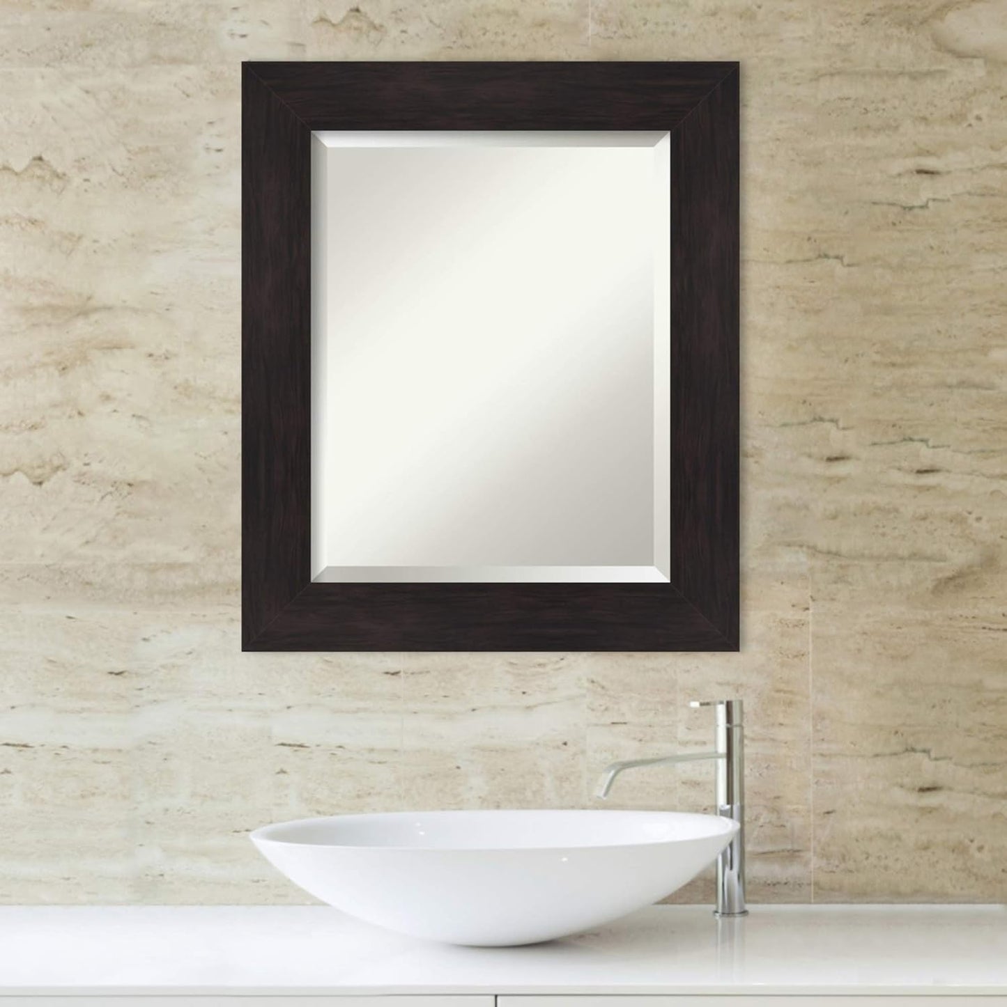 Amanti Art Brown Bathroom Mirror for Over Sink, 26x22 Furniture Espresso Rectangle Vanity Mirror, Small Casual Frame, Hangs Horizonally and Vertically, Bathroom Wall Decor, Beveled Edge from WI, USA