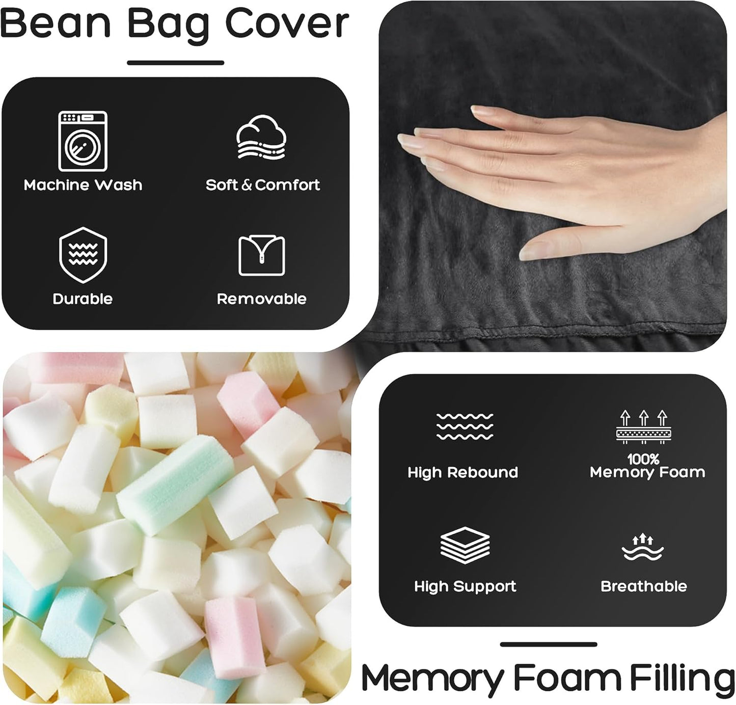 HABUTWAY Bean Bag Chair: Giant 4' Memory Foam Furniture Bean Bag Chairs for Adults with Microfiber Cover 4Ft (Black)