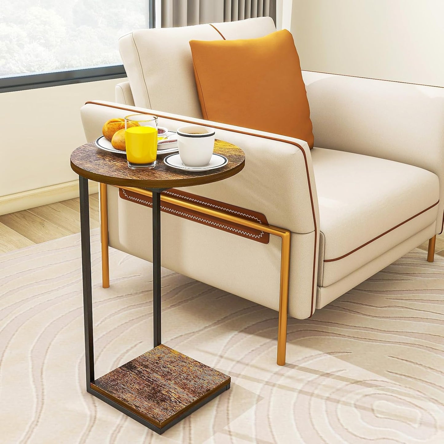 HDANI C Table End Table,Round Side Table That Slide Under,C Shaped End Table for Couch,Small Table for Living Room, Bedroom,Rustic Brown