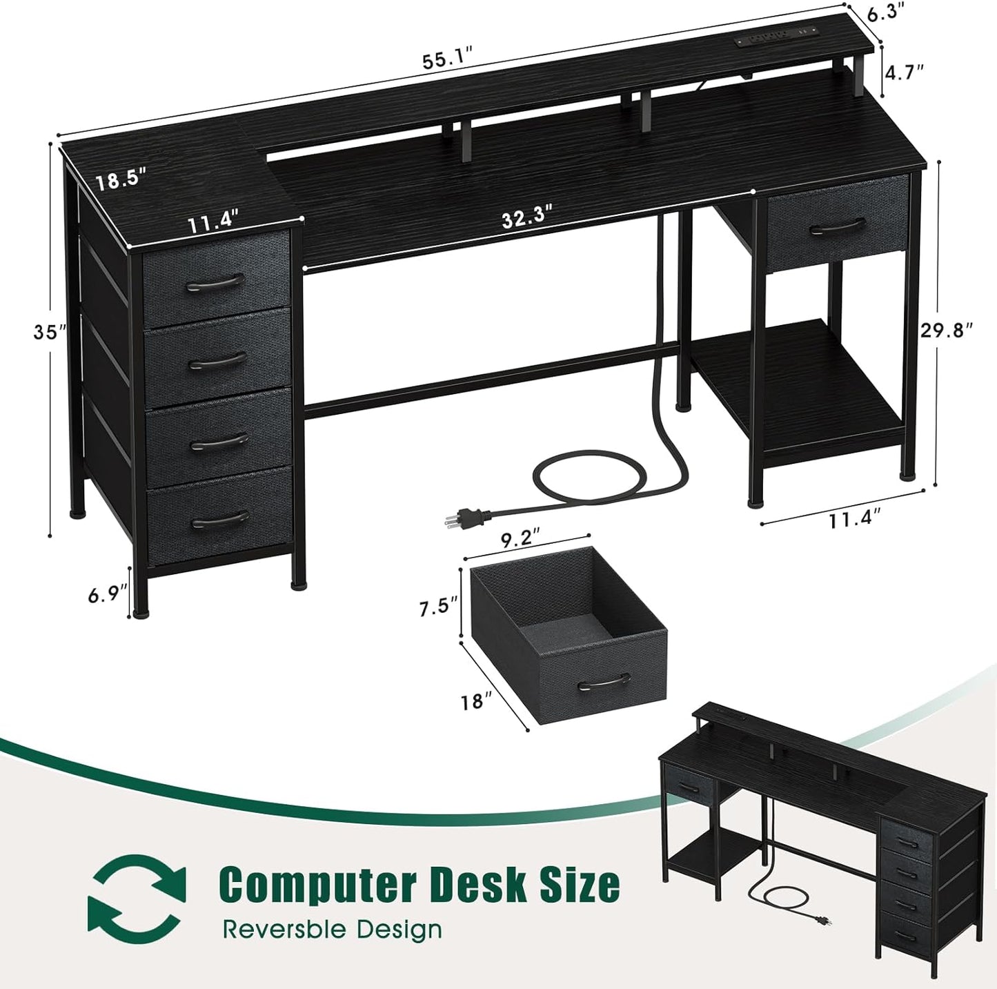 55 Inch Computer Gaming Desk with Power Outlets LED Lights, Reversible Home Office Desk with Adjustable Fabric Drawers for Working Writing Study, Black Oak