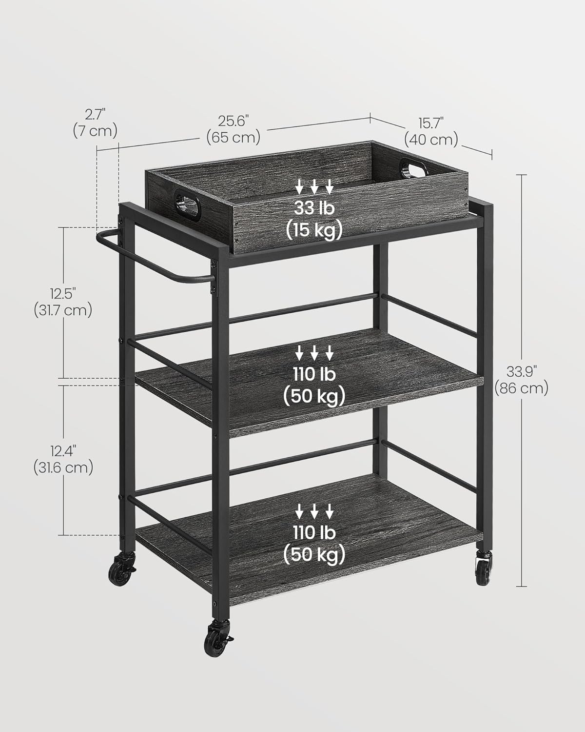VASAGLE Kitchen Serving Cart with Removable Tray, 3-Tier Kitchen Utility Cart on Wheels with Storage, with Brakes, Leveling Feet, 15.7 x 28.3 x 33.9 Inches, Charcoal Gray and Black ULRC072B04