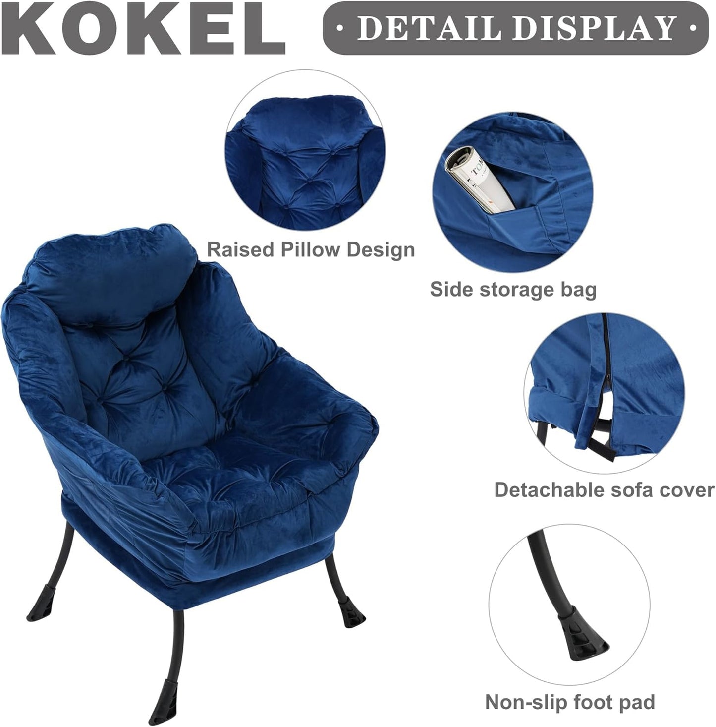 Lazy Chair with Folding Ottoman,Living Room Chairs, Accent Contemporary Lounge Chair, Single Steel Frame Leisure Sofa Chair with Armrests and A Side Pocket (Blue)