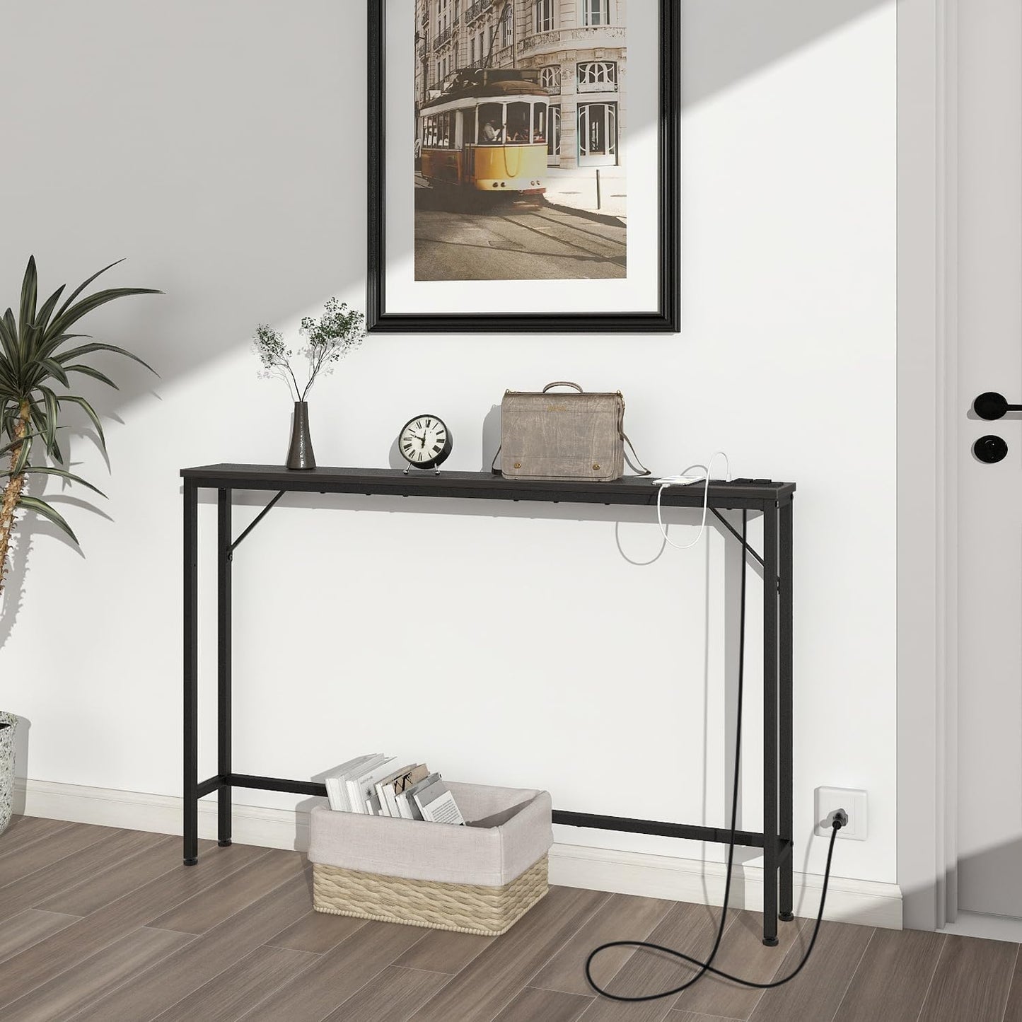 Tohomeor 5.9" Skinny Behind Sofa Console Table with Charging Station Charcoal Black 47.2" Narrow Long Behind Couch Table with Power Outlets USB Ports Thin Entry Table for Entryway Living Room Hallway