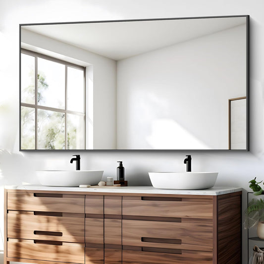 BONEWEI Bathroom Mirror, 30x55 inch Wall Mirror for Bathroom Wall Mounted Black Rectangle Square Corner Mirrors, Black Bathroom Mirror for Living Room, Farmhouse, Bedroom Entryway, Horizontal/Vertical