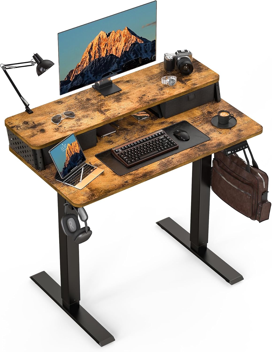 Small Standing Desk With Drawers and Brushless Motor,Electric Sit Stand Desk for Walking Pad,Ergonomic Stand Up Desk for Home Office & Gaming,3 Memory Height Preset & Hooks(35" x 20", Rustic Brown）