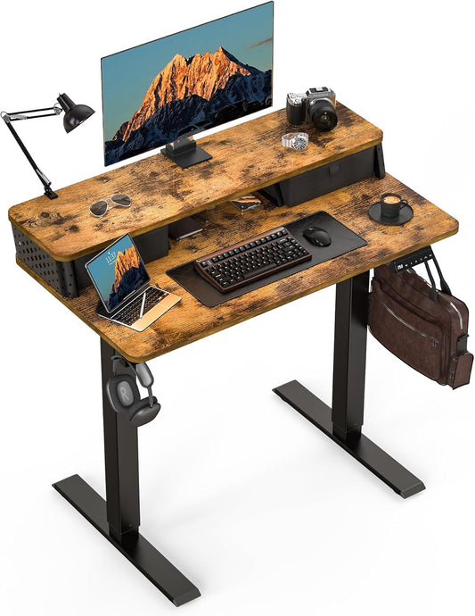 Small Standing Desk With Drawers and Brushless Motor,Electric Sit Stand Desk for Walking Pad,Ergonomic Stand Up Desk for Home Office & Gaming,3 Memory Height Preset & Hooks(35" x 20", Rustic Brown）