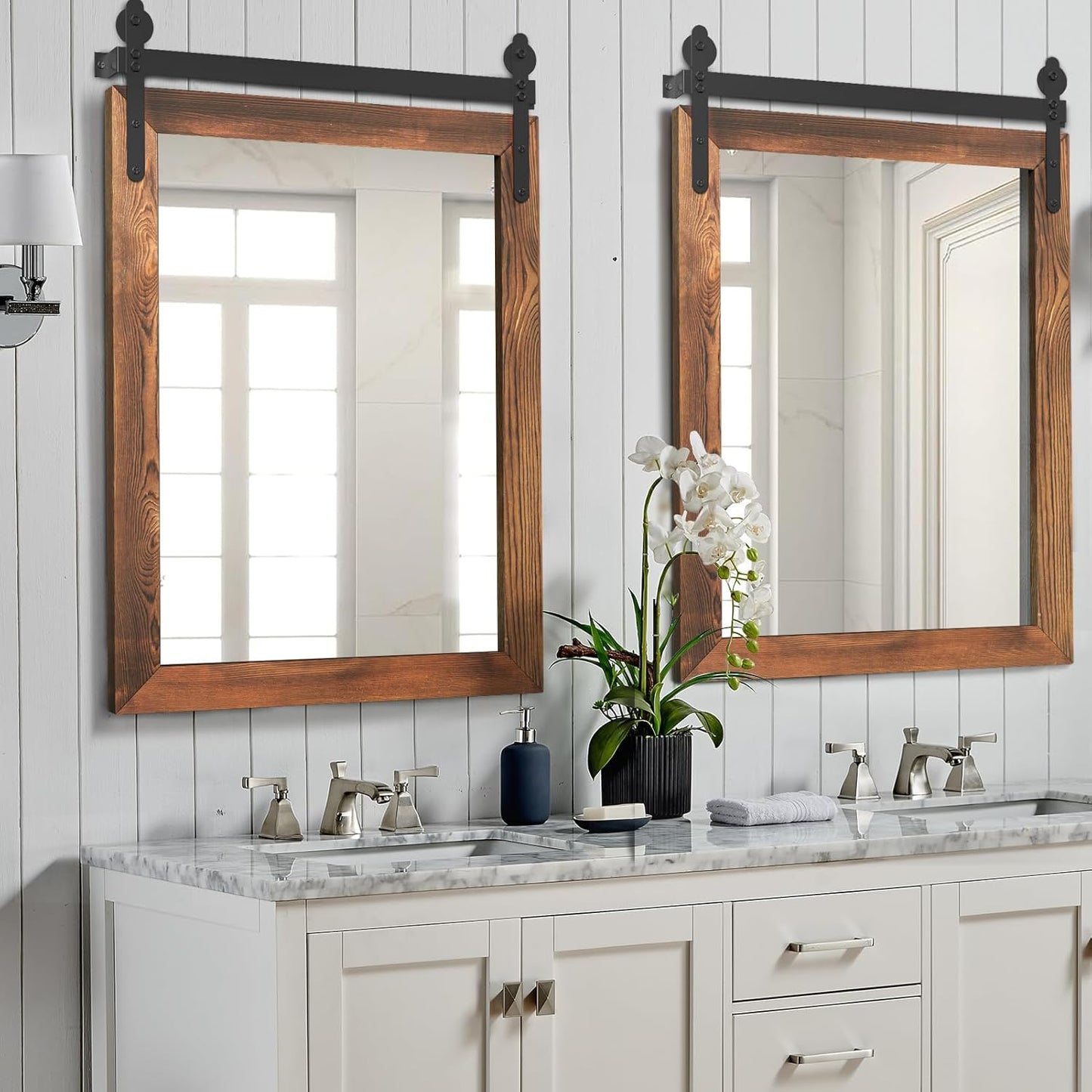 YOSHOOT Farmhouse Barn Door Mirror, 32"x24" Rustic Wood Framed Wall Mirror, Wall Mounted Vintage Mirror, Wooden Farmhouse Style for Bathroom Living Room Entryway, Brown, Vertical Hanging ONLY