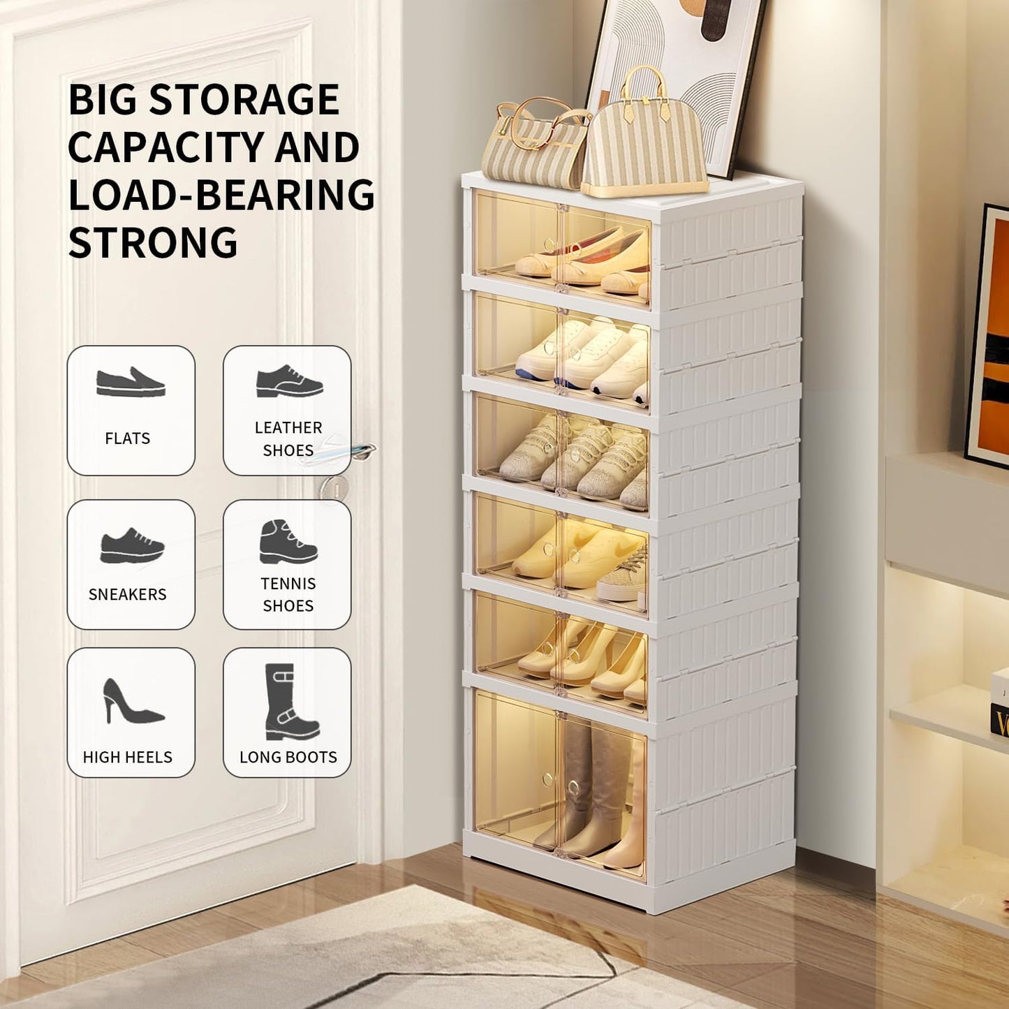 6 Tier Foldable Shoe Rack Organizer for Closet 6-12Pairs Plastic Collapsible Shoe Racks Shelf Stackable Clear Folding Shoes Storage boxes for Small Spaces Narrow Shoe Storage Cabinet