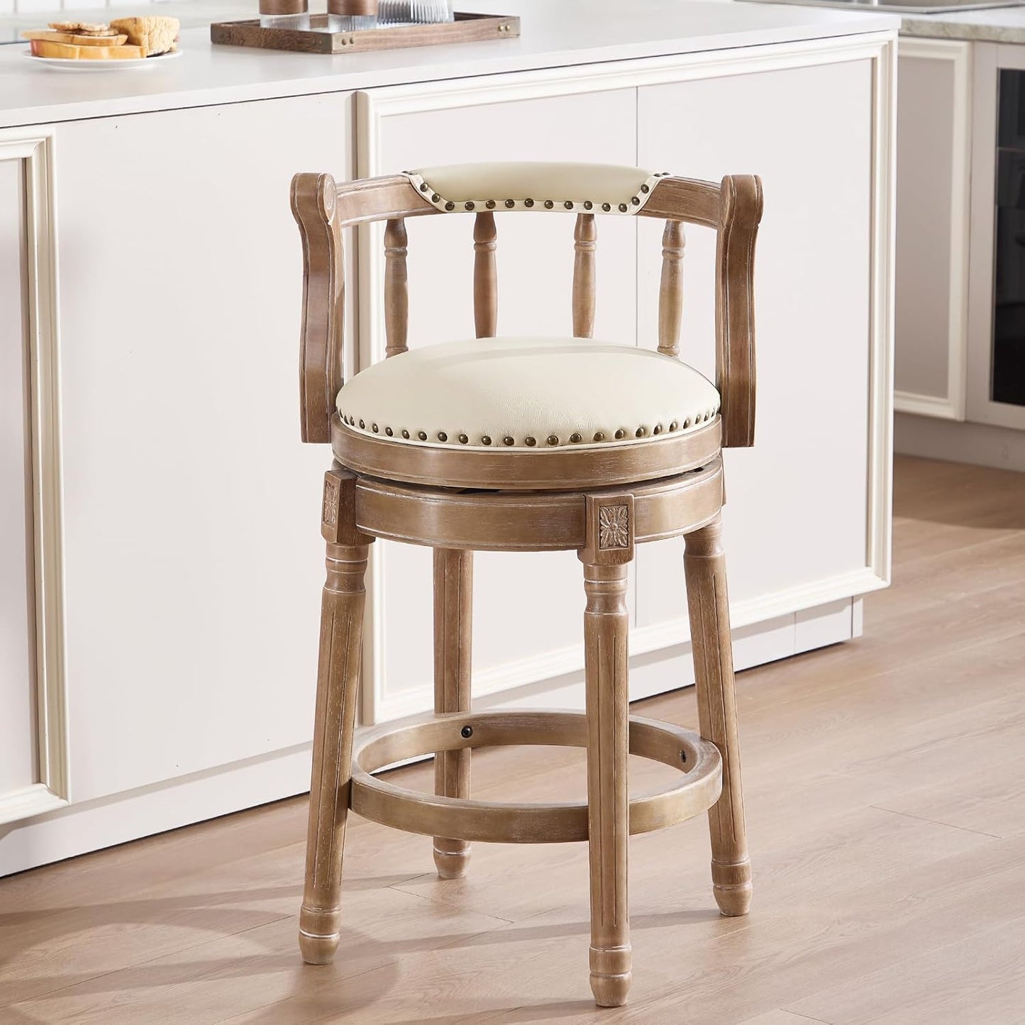 CozyRain Bar Stools Modern Swivel Barstools,Kitchen Counter Genuine Leather Upholstered Vintage Barstool for Home Kitchen Dining Room (Beige, Seat Height 26 in)