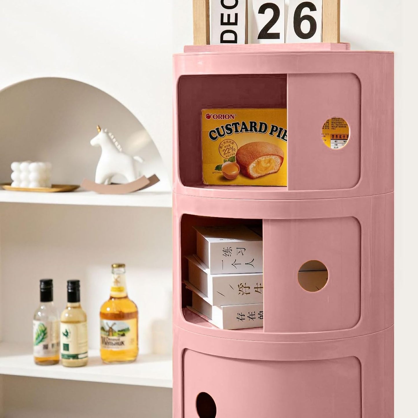 3 Tier Round Nightstand with Drawer, Pink Round Side Table Small Plastic Storage End Table Suitable for Bedroom, Living Room, Bathroom (Pink)