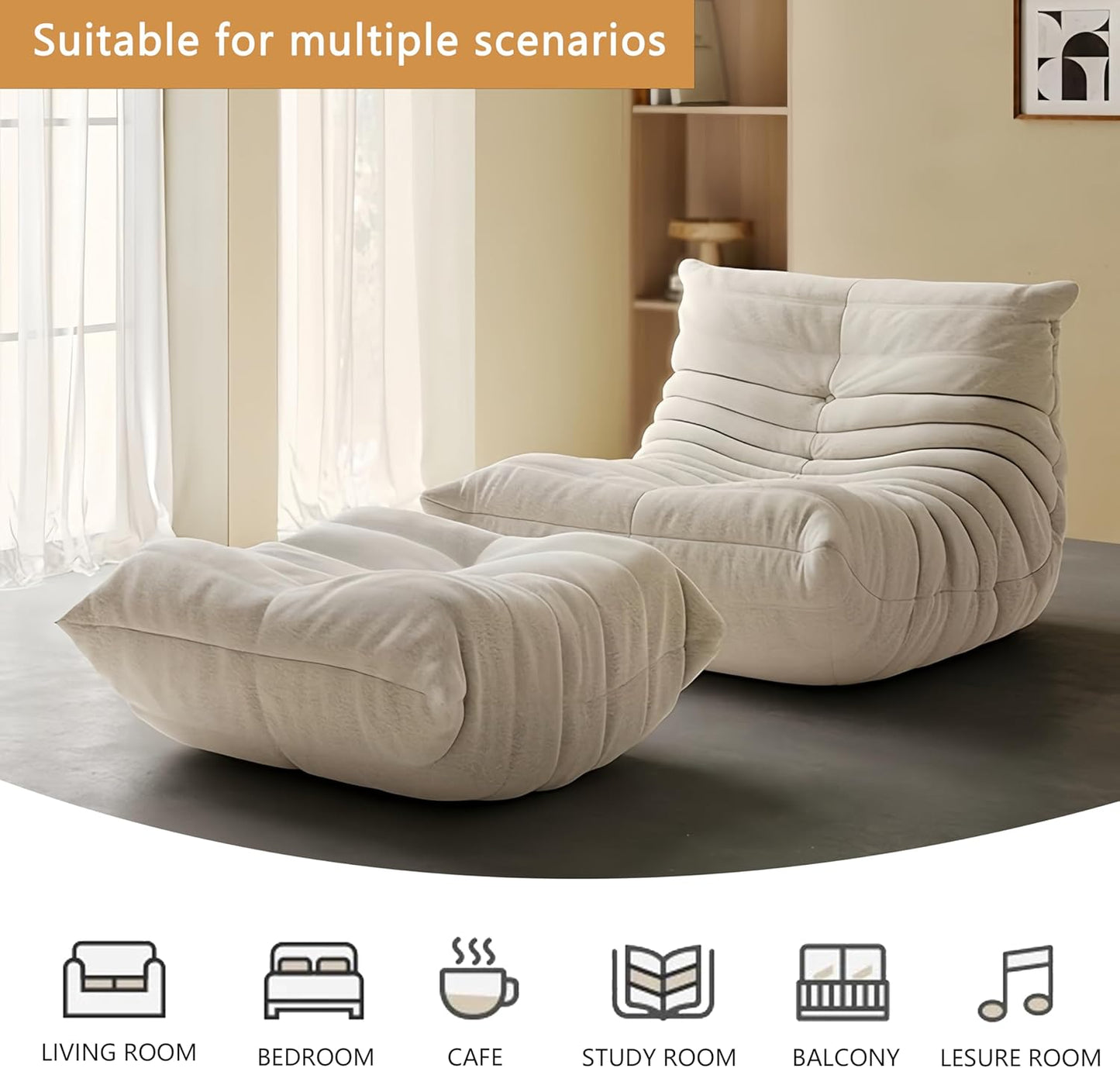 Bean Bag Chair - Memory Foam Bean Bag Chair for Adults, Comfy High-Resilience Single Sofa, Small Space Floor Chair, Chaise Lounge for Living Room, Bedroom (Beige, Wrinkles + Ottoman)