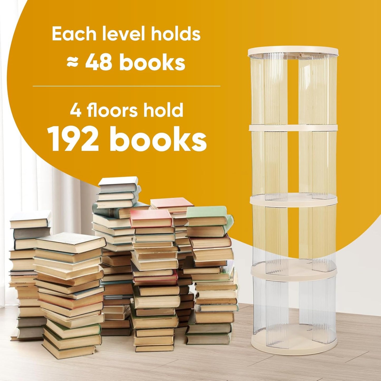 FAHKNS 4 Tier Rotating Bookshelf,360° Revolving Bookcase Tower,Clear Acrylic Round Book Shelf for Small Space,Suitable for Spinning Bookshelf Tower in Bedroom, Living Loom, Office