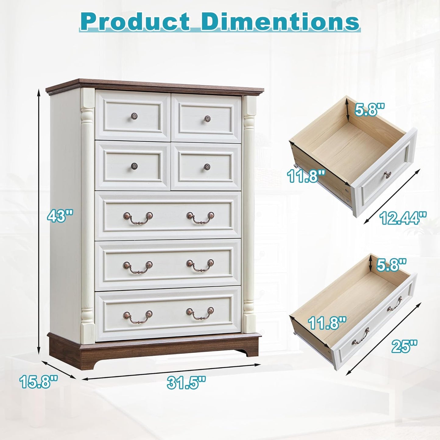 31.5" Farmhouse Sideboard Buffet Cabinet with Storage, Kitchen Buffet Storage Cabinet with 7 Drawers, Modern Wood Accent Sideboard for Living Room, Kitchen, Hallway(Antique White)