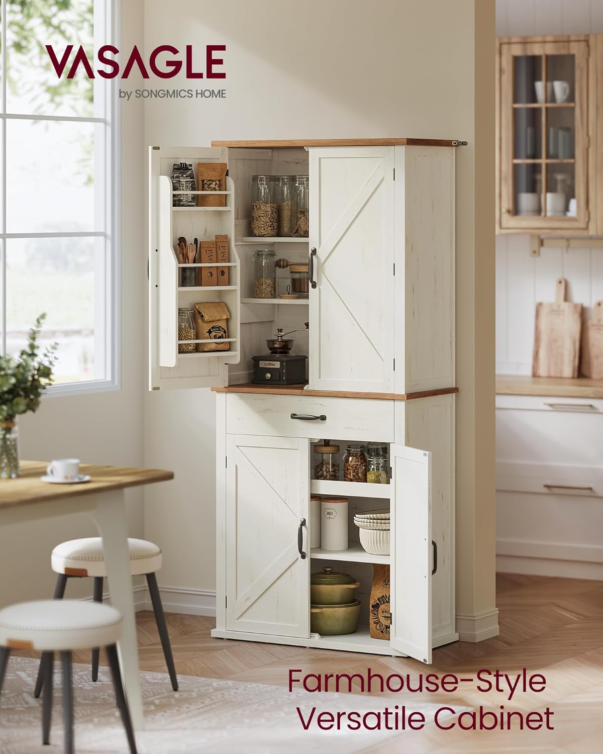 VASAGLE LIRY Collection - Pantry Cabinet, 70.3-Inch Tall Farmhouse Kitchen Storage Cabinet with Barn Doors, Drawer, Tray, Adjustable Shelves, for Kitchen, Dining Room, Rustic White UBBK364W01