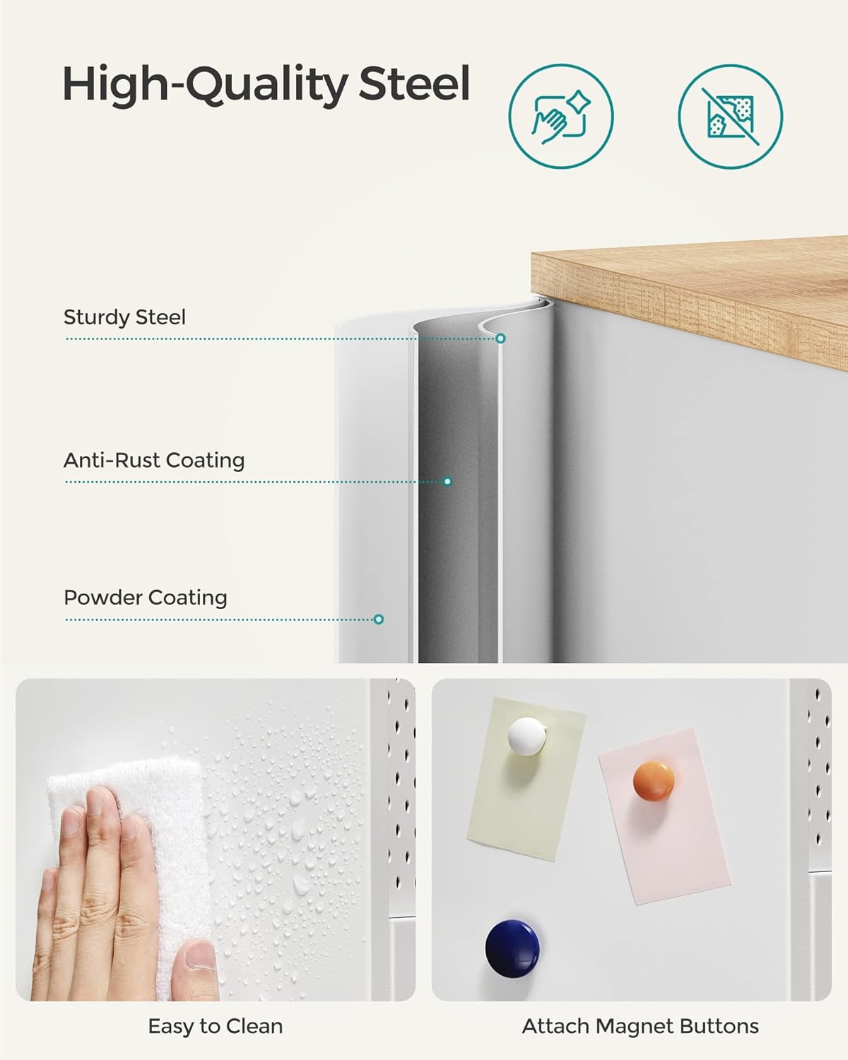 SONGMICS Storage Cabinet, Metal Cabinet, Sideboard with 2 Doors, 15.7 x 31.5 x 29.9 Inches, Magnetic Closure, Adjustable Shelf, Steel Frame, Natural Beige and White ULSC102W57