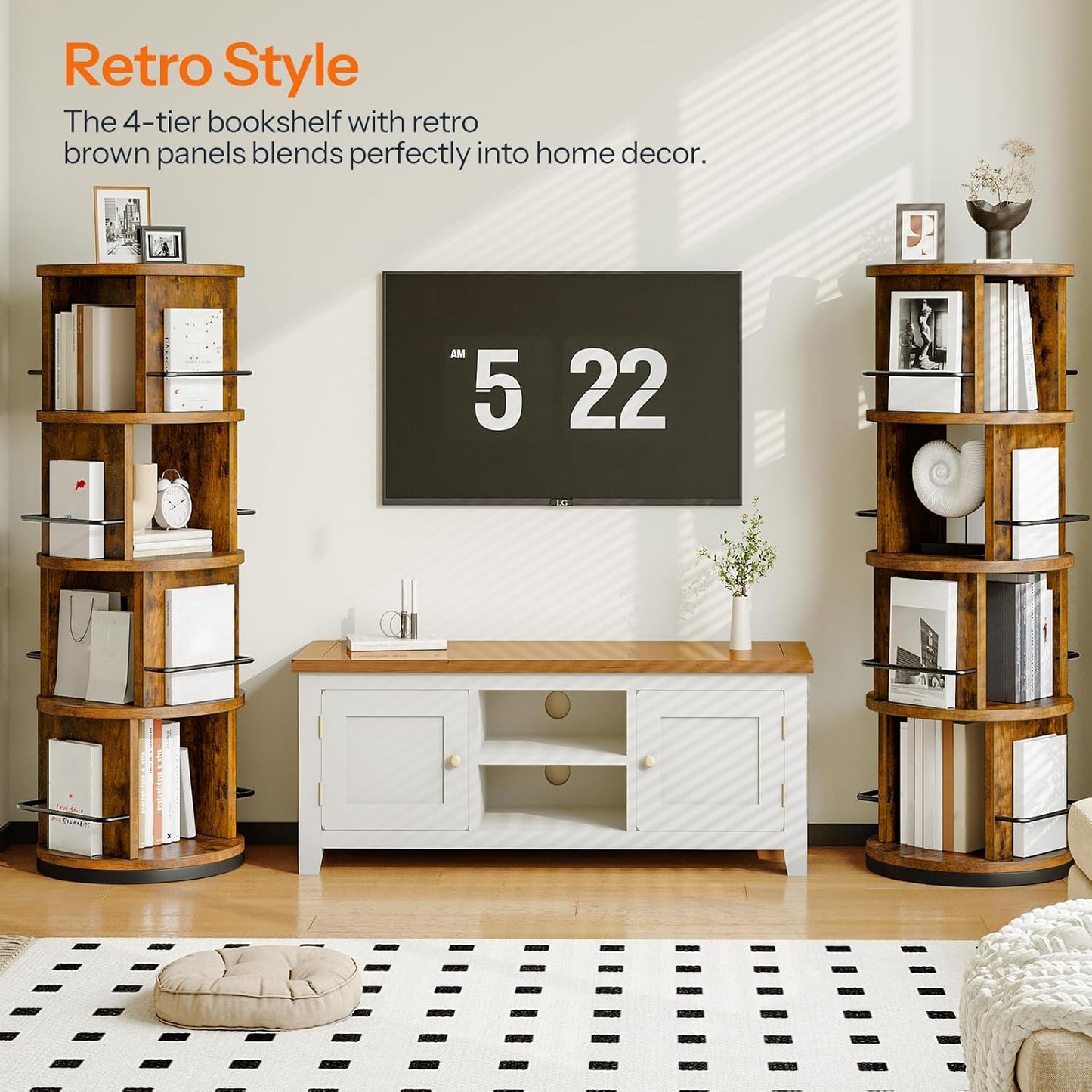 HOOBRO Rotating Bookshelf, 360° Spinning Bookshelf for Small Spaces, 4-Tier Floor Standing Bookcase Storage Rack, Wooden Corner Bookcase for Living Room, Study, Office, Rustic Brown and Black FG54SJ01