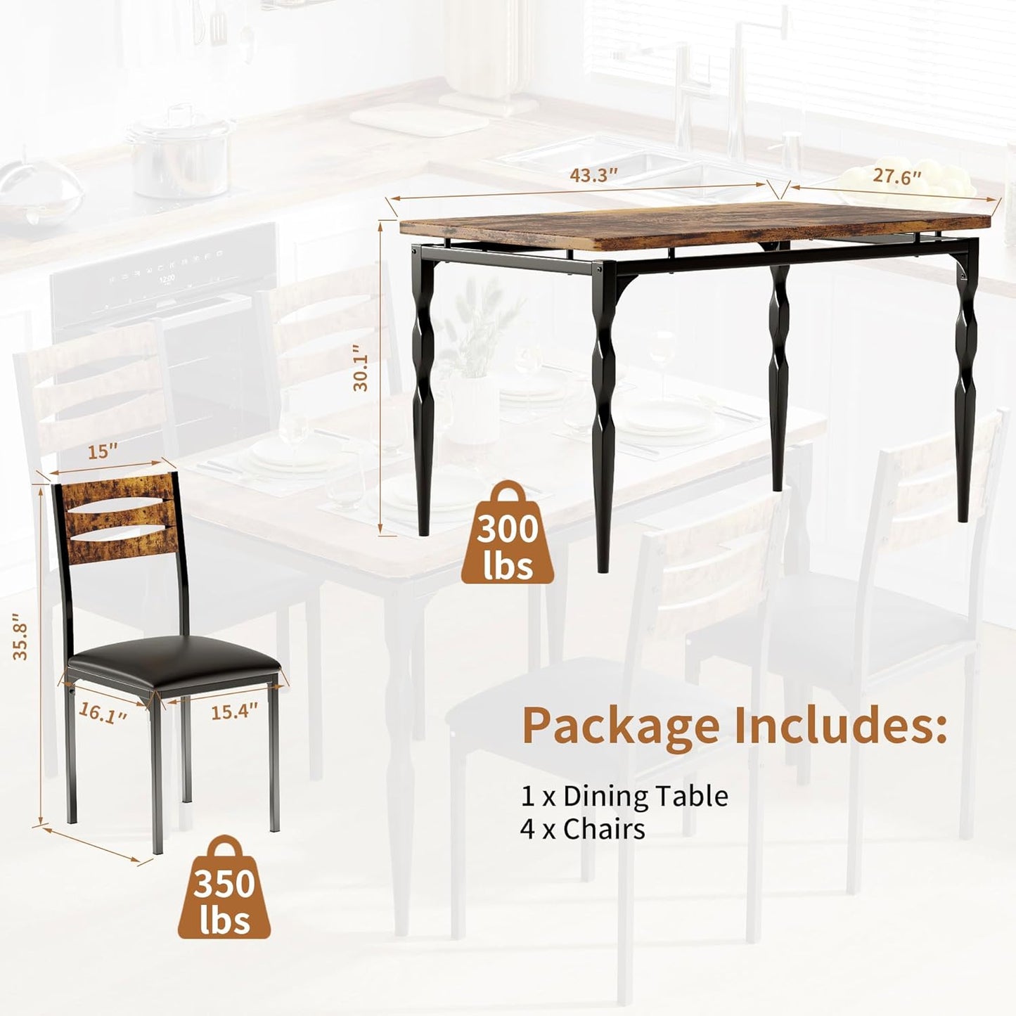 GarveeHome 5 Piece Dining Table Set, Industrial Style Dining Table and Chairs Set for 4, Kitchen Table Set for Dining Room Kitchen Apartment, Brown