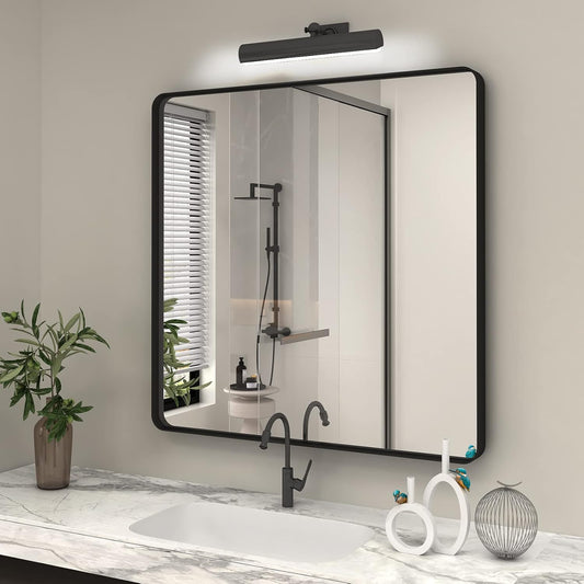 36x36 Square Black Bathroom Mirror, Matte Framed Bathroom Vanity Mirror for Wall, Modern Rectangle Mirror, Rounded Corners, Tempered Glass