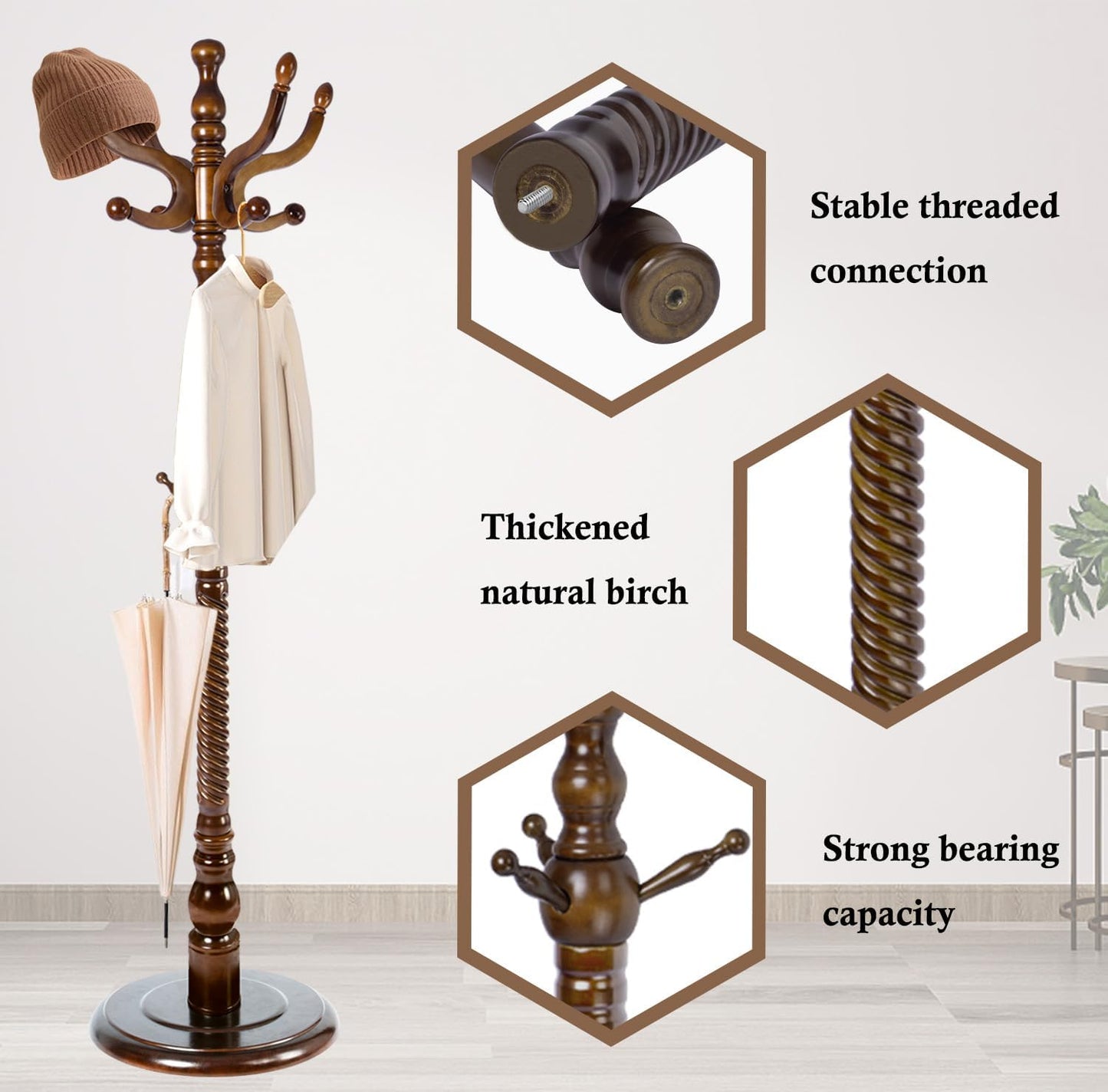 Coat Rack Stand, Solid Wooden Coat Tree with 11 Hooks, Heavy Duty Coat Rack Freestanding with Sturdy Round Base, Natural Birch Wood Coat Hanger Stand for Entryway Bedroom (brown circular)