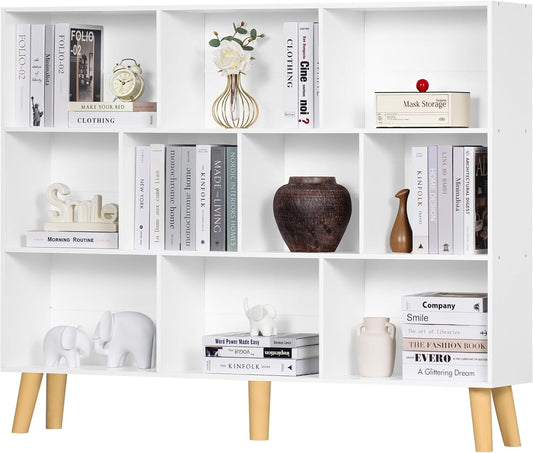 YAHARBO 10 Cube Large Bookshelf,3 Tier Bookcase with Legs,White Mid-Century Modern Bookshelves,Wide Free Standing Open Storage Organizer Shelf,Tall Wooden Book Case Furniture for Living Room,Office