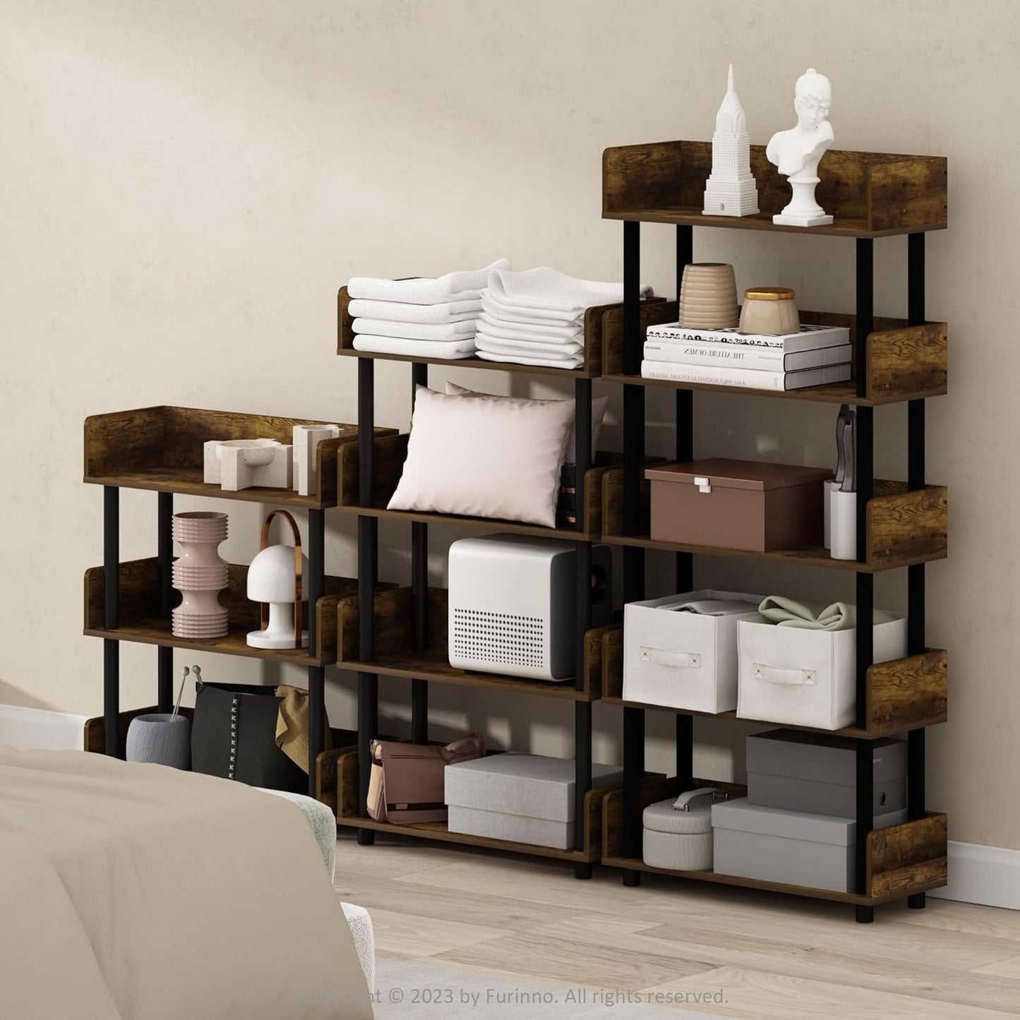 Furinno Turn-N-Tube 3-Tier Multipurposes Display Rack, Open Shelf Rack/Storage with Back & Side Panel, Amber Pine/Black