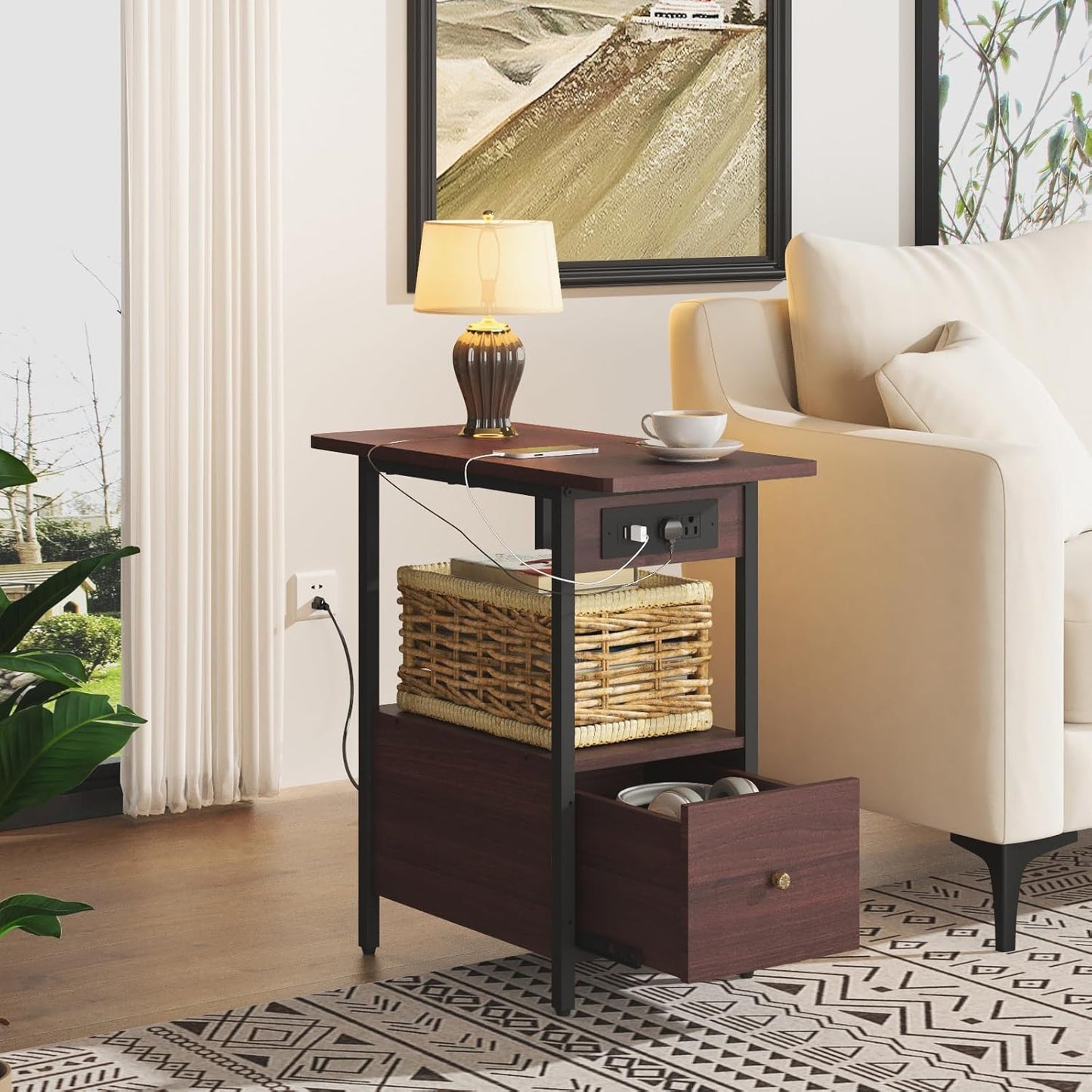 LIDYUK End Table with Charging Station, Narrow Side Table with Drawer and USB Ports & Power Outlets, Nightstand Bedside Tables for Small Spaces, Bedroom, Living Room, Dark Cherry, Set of 2