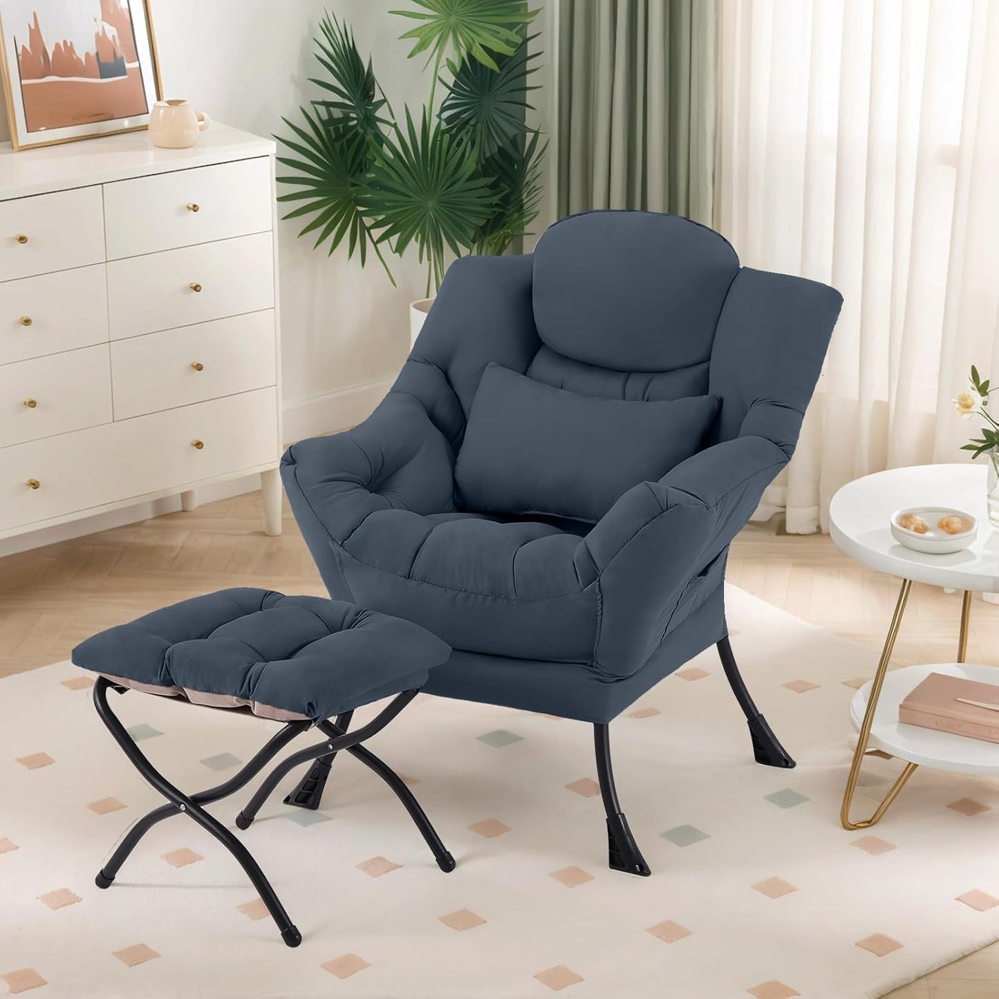 Lazy Chair with Ottoman, Modern Lounge Chair with Lumbar Pillow, Accent Cozy Reading Armchair and Folding Footstool for Bedroom, Dorm, Living Room,Navy