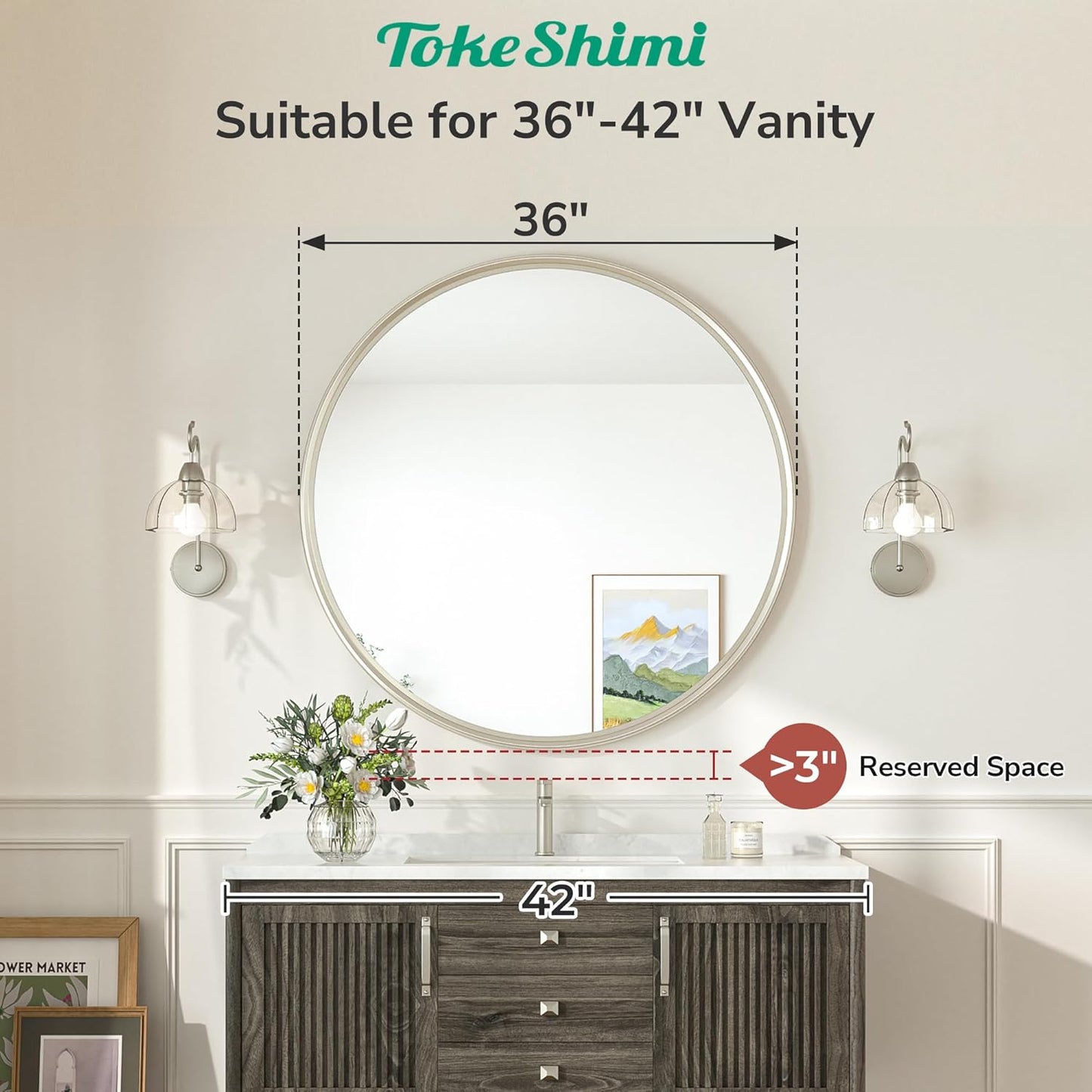 TokeShimi 36 in Round Brushed Nickel Mirror Tempered, Round Mirror Framed Shatterproof, 36x36 Circle Wall Mirror Farmhouse Metal Mirrored for Restroom, Entryway, Bedroom, Vanity, Living Room