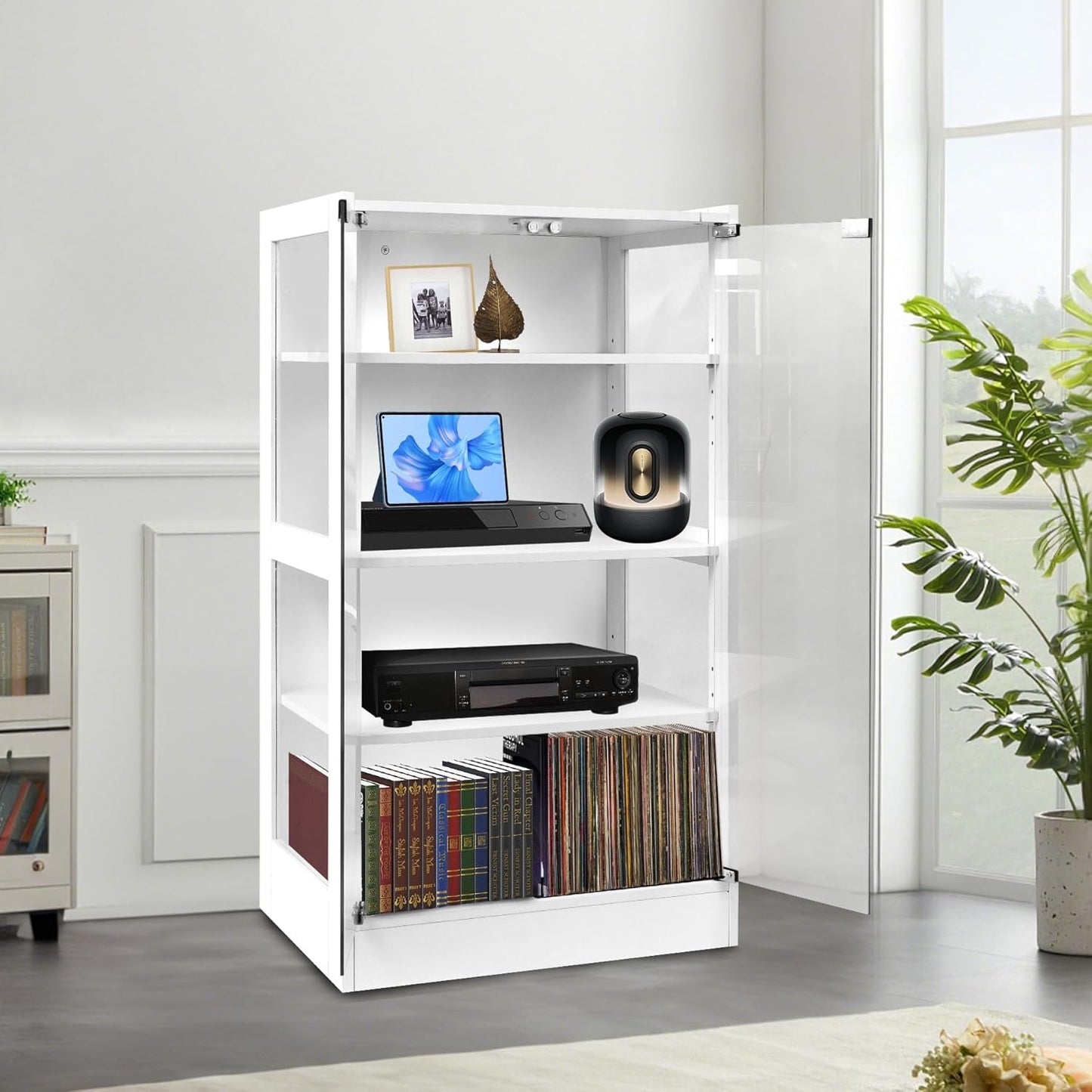 4-Tier Media Cabinet with LED Lighting, Audio/Video Stand Featuring Built-in USB Ports and Electrical Outlets, Designed for Living Rooms and Gaming Spaces, Glass Doors