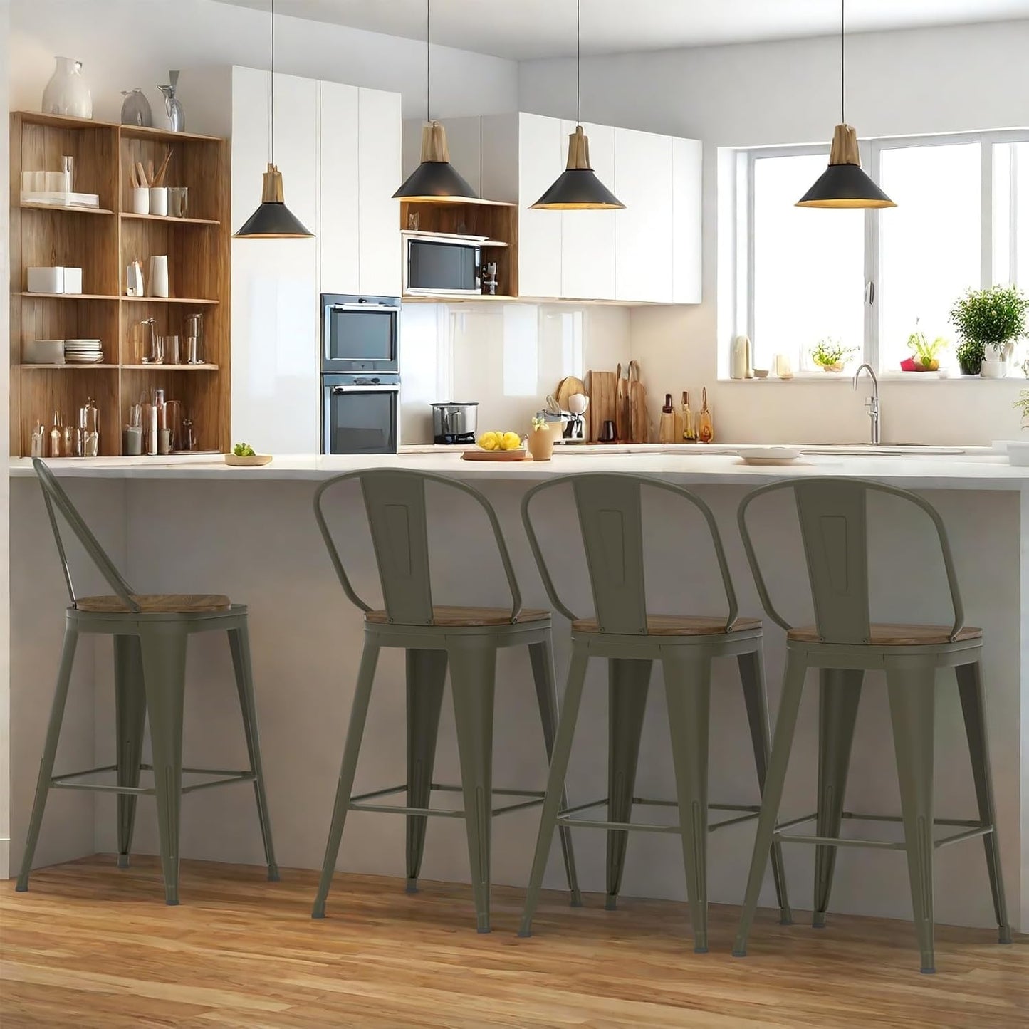 24” Swivel Bar Stools Set of 4, Counter Height Bar Stools Wooden Seat, Metal Industrial Bar Chairs with High Back for Kitchen Island (Rusty)