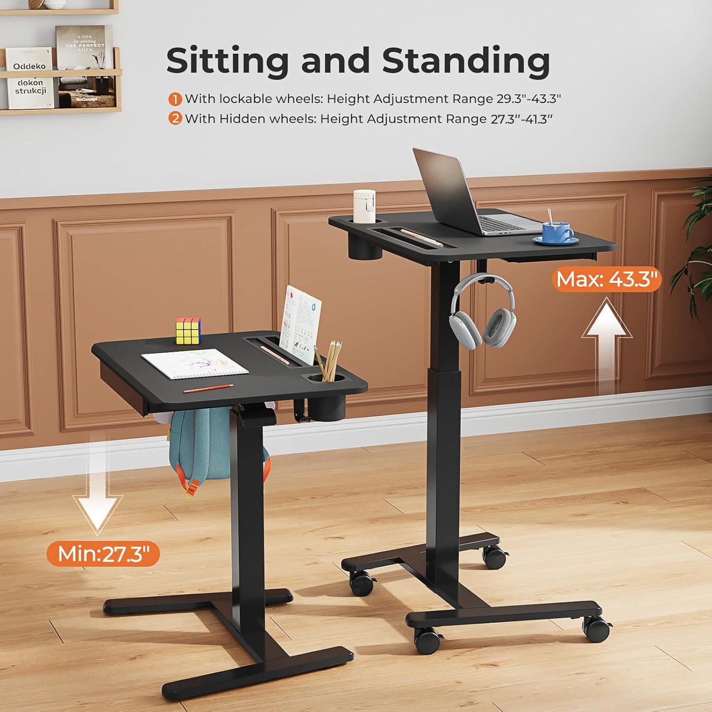 Mobile Standing Desk with Drawer, 28" Rolling Desk with Cup Holder and Hooks, Portable Laptop Workstation on Wheels, Height Adjustable Cart with Storage for Home Office, Black