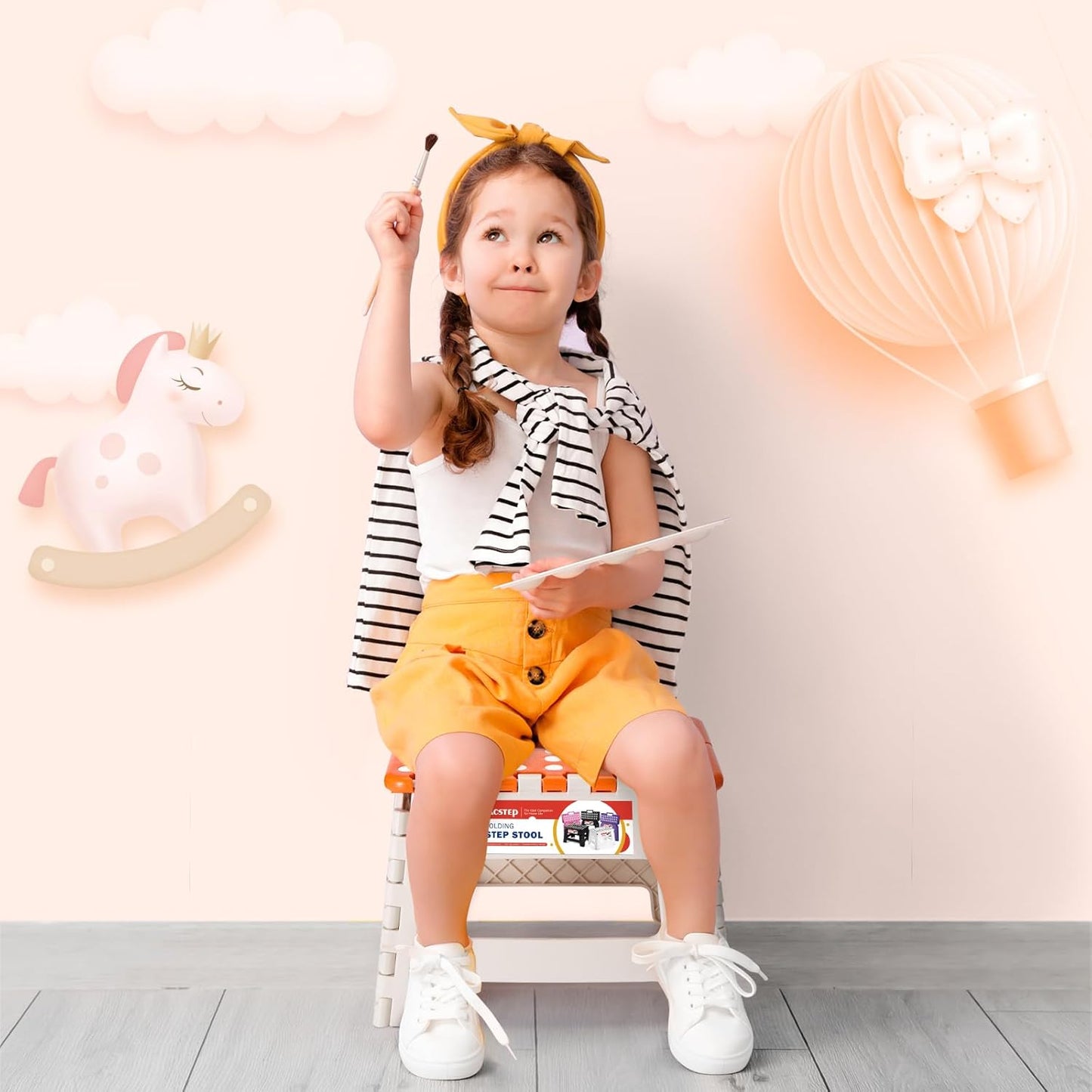 ACSTEP 9 Inch Folding Step Stool 300 LB Capacity Plastic Foldable Step Stools for Kids and Adults, Folding Stool Suitable for Kitchen, Stepping Stool with Handle Bicolor Orange Small Step Stool 1PC