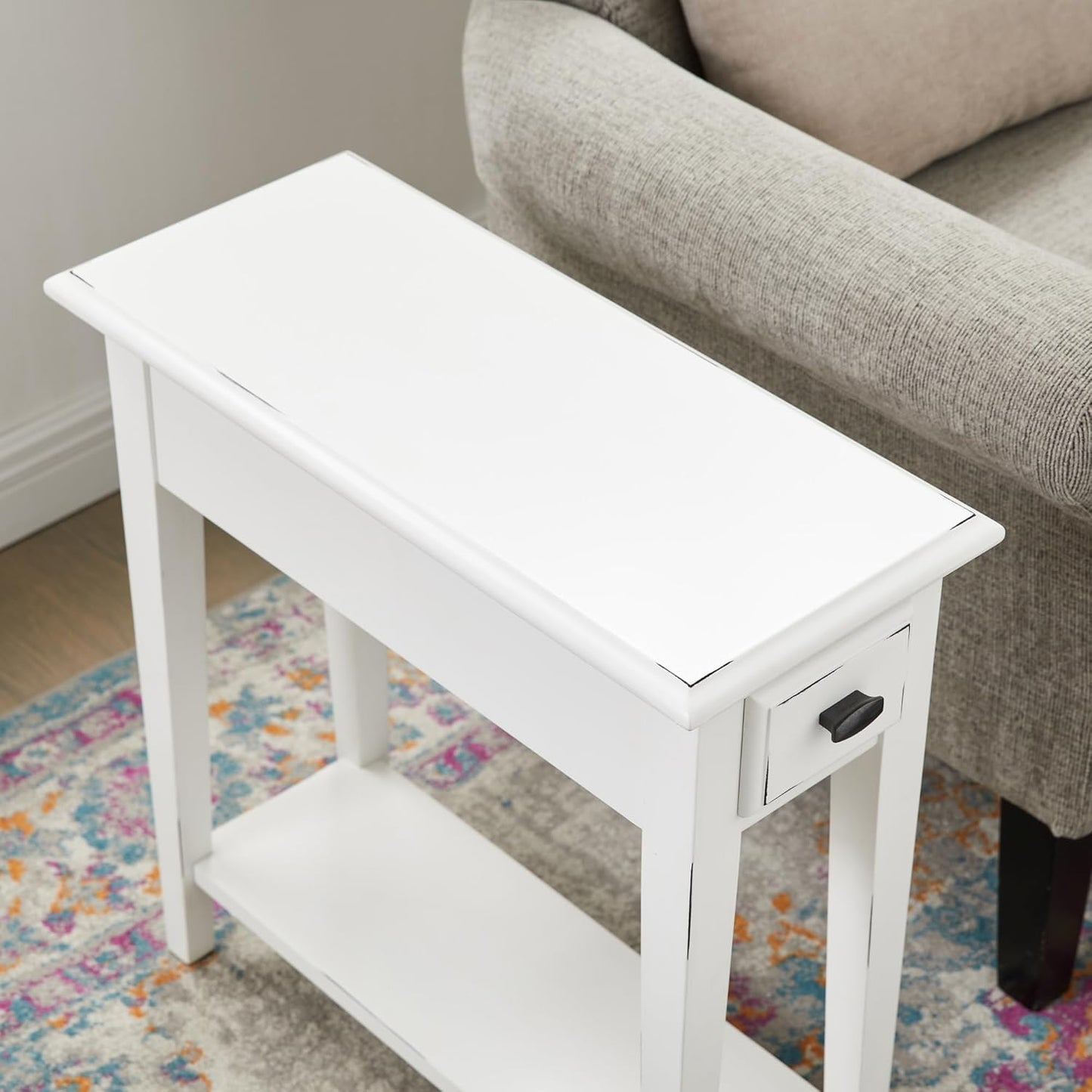 Haven Ridge Narrow End Table, Solid Wood Side Table with Drawer and Shelf, Farmhouse White, Perfect for Living Rooms, Bedrooms, and Small Spaces – Leick Home, 214361