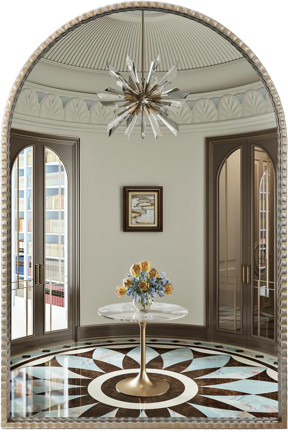 24"x36" Antique Silver Arch Mirror - Retro Distressed Geared Metal Frame Farmhouse Wall Mirror for Bathroom, Living Room, Entryway Hall