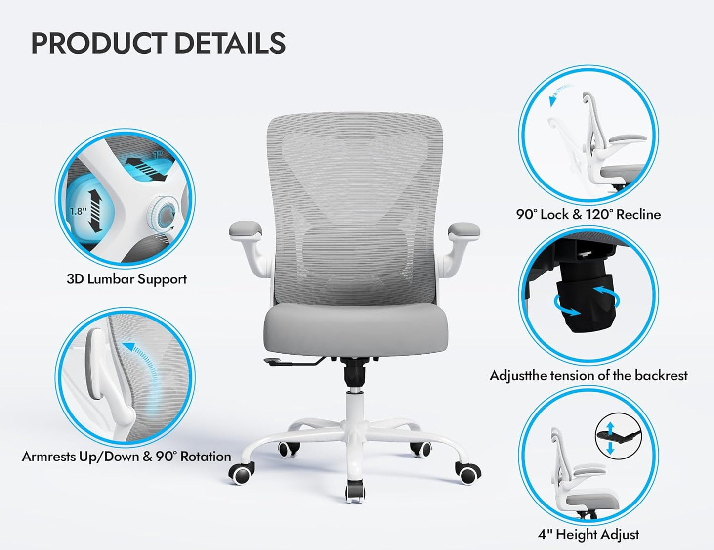 Ergonomic Office Chair - X-Shaped Computer Desk Chairs Comfy, Mesh High-Back Gaming Chair with Adjustable Lumbar Support, Executive Task Chair for Adults, Comfortable for Long Hours (White Grey)