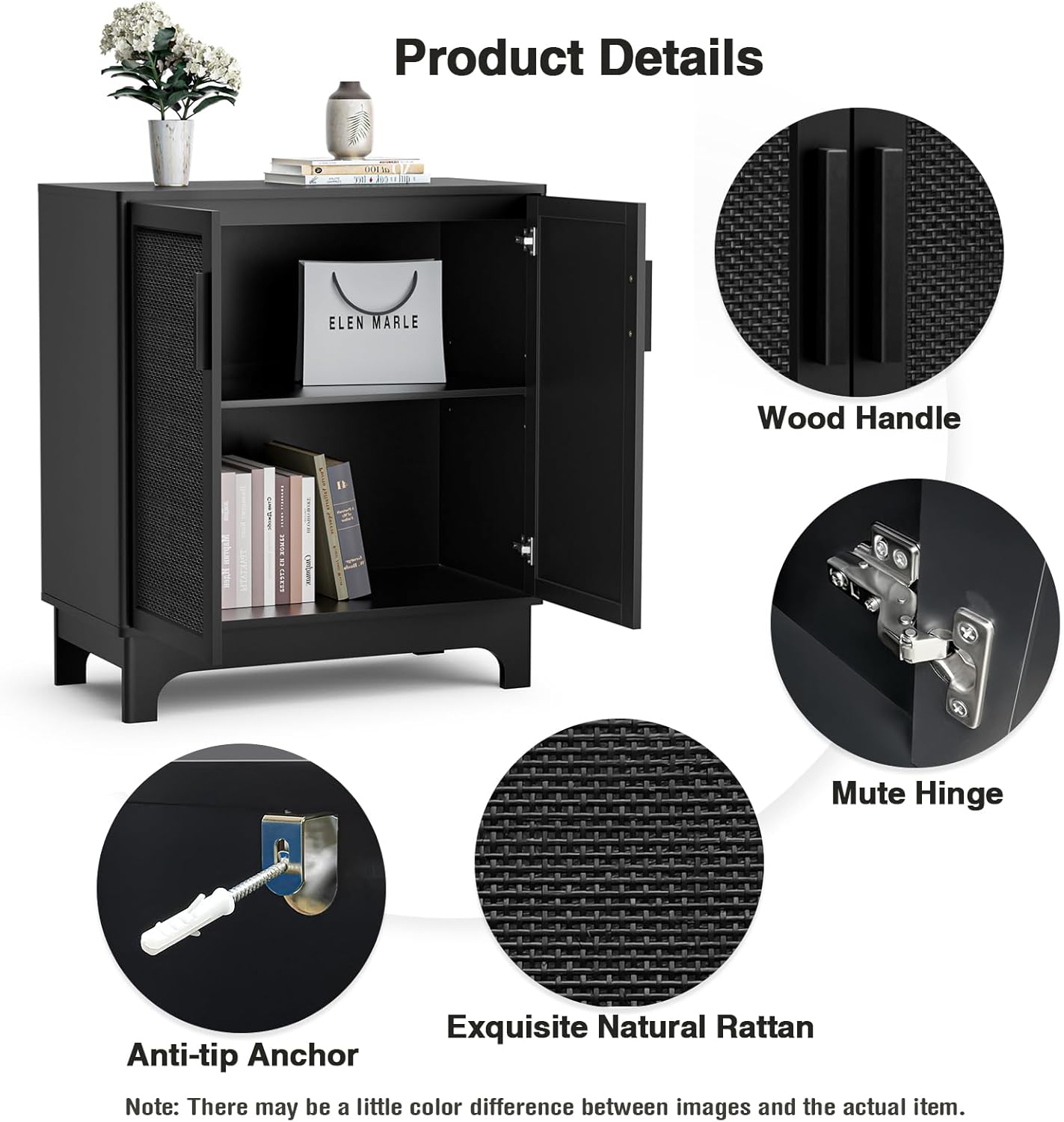 Black Rattan Cabinet, Natural Rattan Storage Cabinet with 2 Doors Adjustable Shelf Large Space Entryway Hallway Sideboard Buffet for Living Room Kitchen