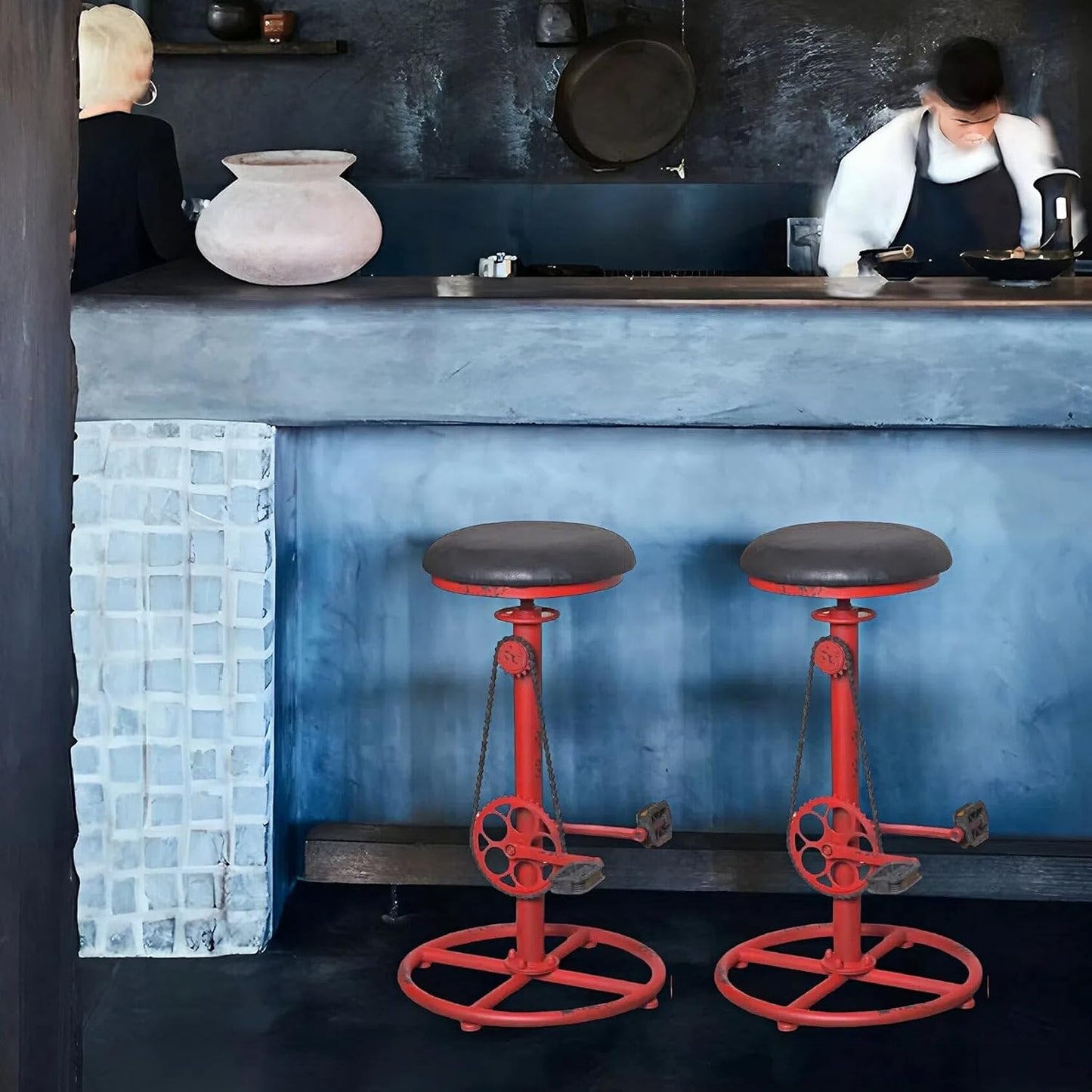Topower Vintage DIY Bar Stool Bicycle Chain Iron Pedal Retro Industrial Height Adjustable Bicycle Wheel Design bar Chair Set of 2 Antique Red
