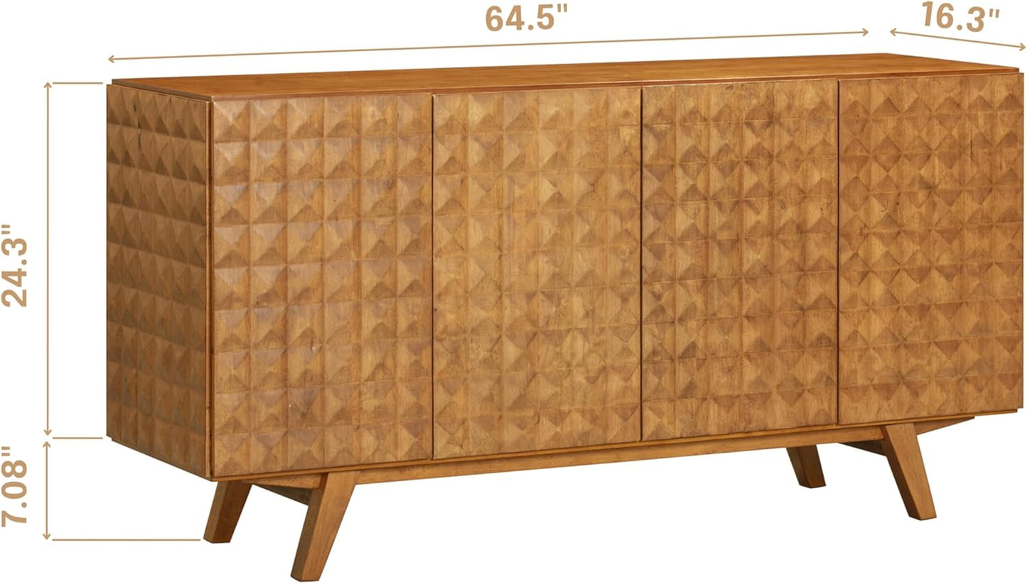 NTC Sapa Mid-Century Modern Solid Wood Sideboard – 4-Door Accent Buffet Cabinet with Carved Geometric Fronts, for Living Room, Dining Room, or Entryway, Effortless Assembly, Teak Look