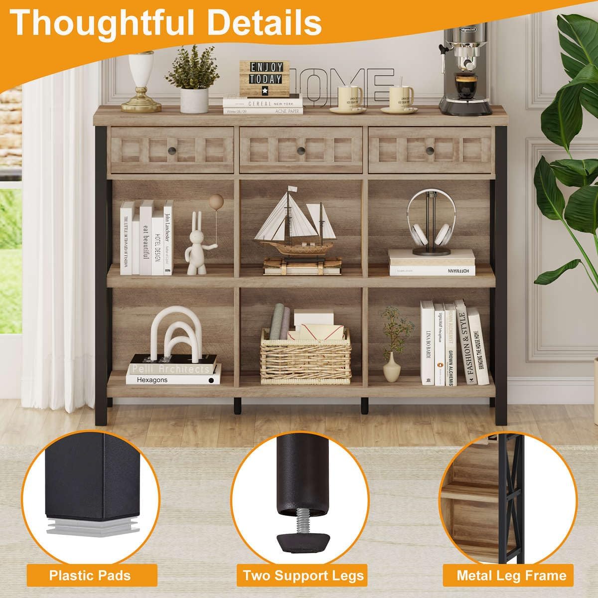 FATORRI Rustic 6 Cube Storage Organizer Shelf with 3 Drawers, Long Horizontal Bookshelf, Industrial Wood and Metal Cubby Bookcase for Living Room (Rustic Oak, 47 Inch)