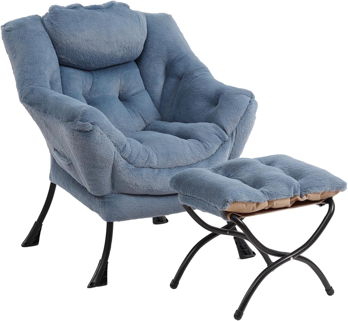 Lazy Chair with Ottoman, Modern Chair with Folding Footrest, Lounge Accent Chair, Comfortable Reading Chair (Plush Light Blue)
