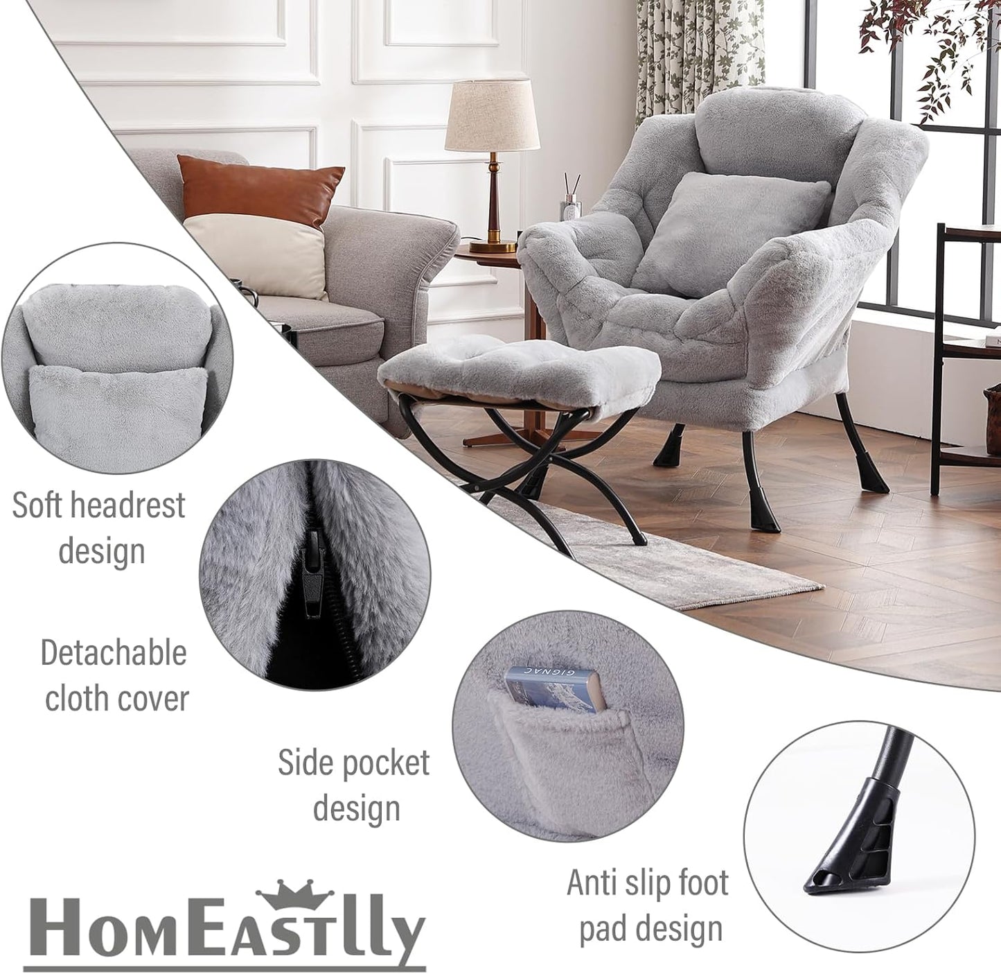 Lazy Chair with Ottoman, Modern Large Accent Lounge Chair with a Pillow, Leisure Sofa Armchair, Reading Chair with Footrest for Bedroom, Living Room,Plush White Gray